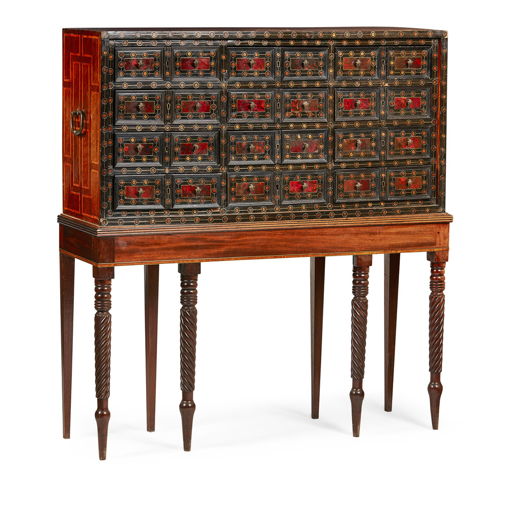CONTINENTAL EBONY, WALNUT, TORTOISESHELL AND BRASS INLAID CABINET ON STAND