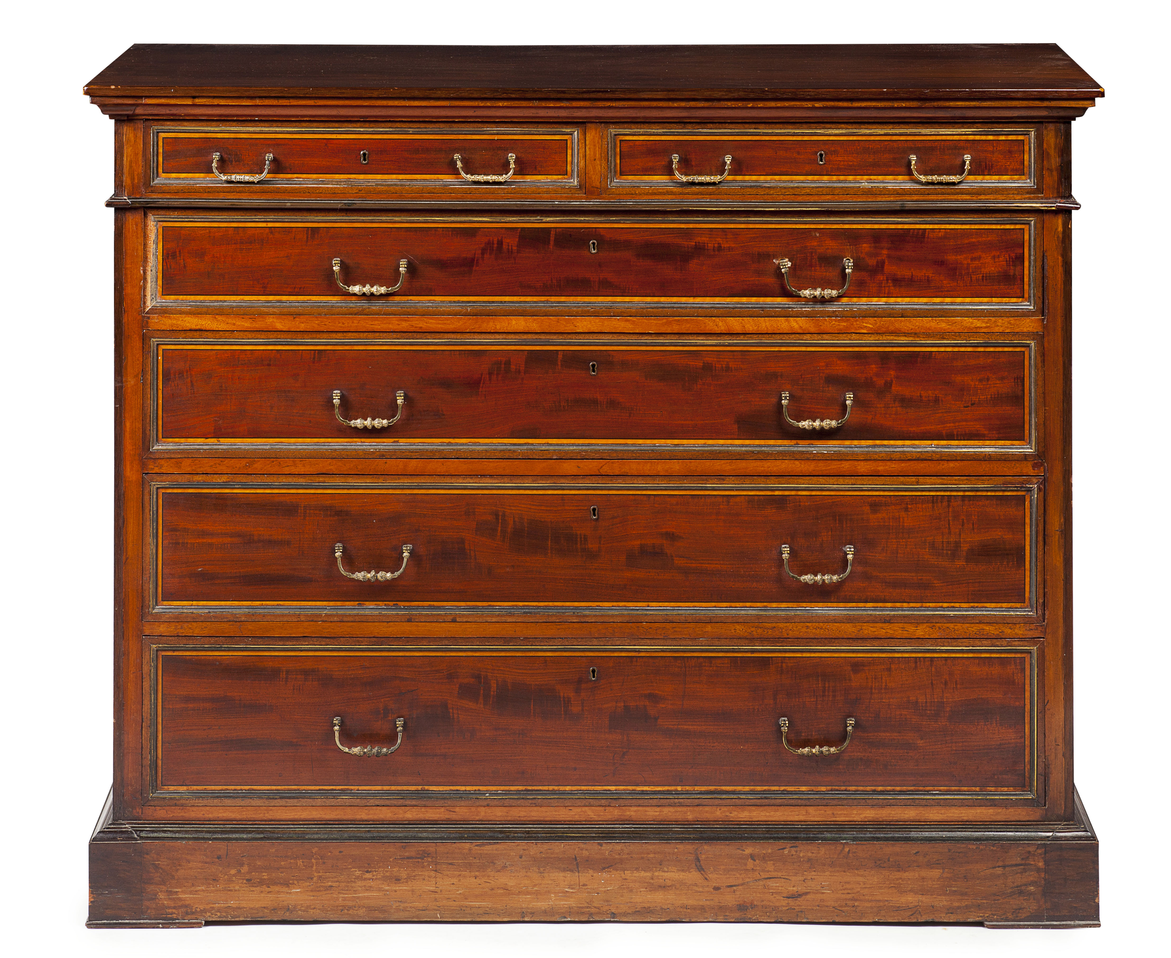 FRENCH DIRECTOIRE MAHOGANY, SATINWOOD AND BRASS BANDED COMMODE