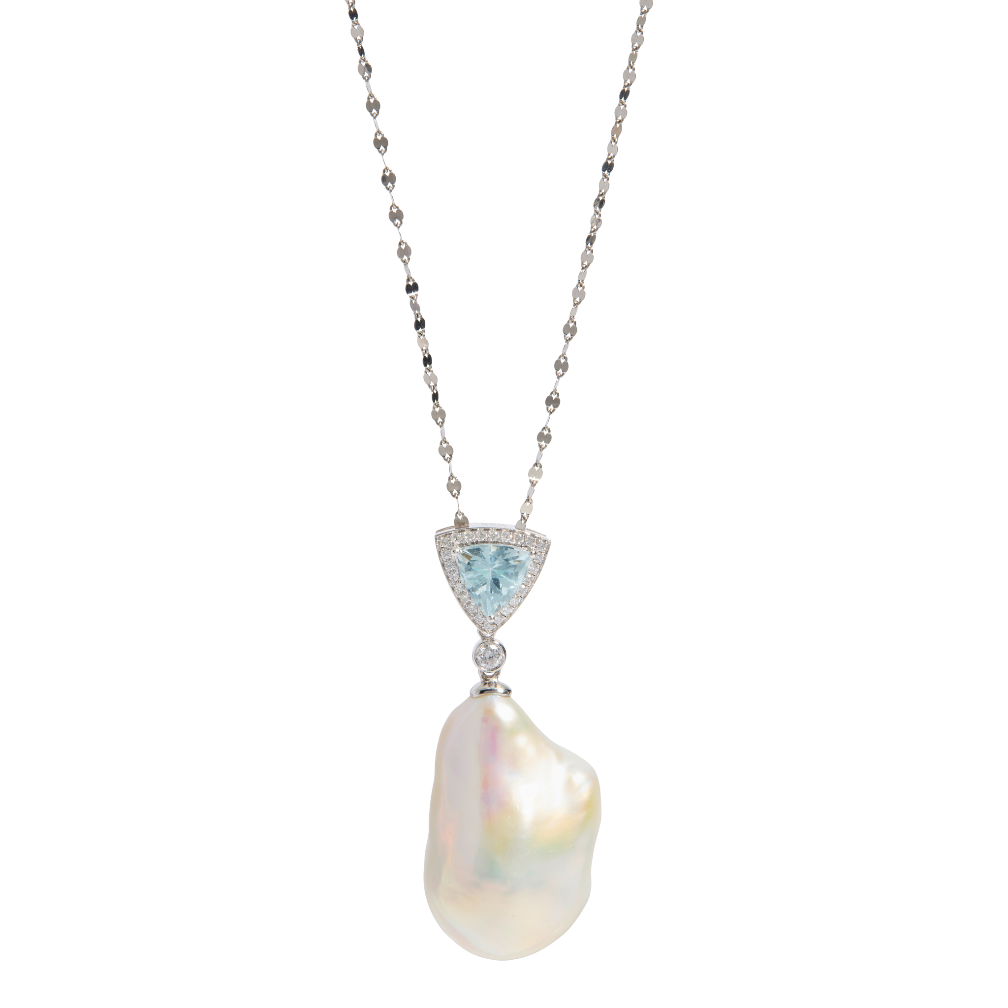An aquamarine, diamond and pearl pendant necklace