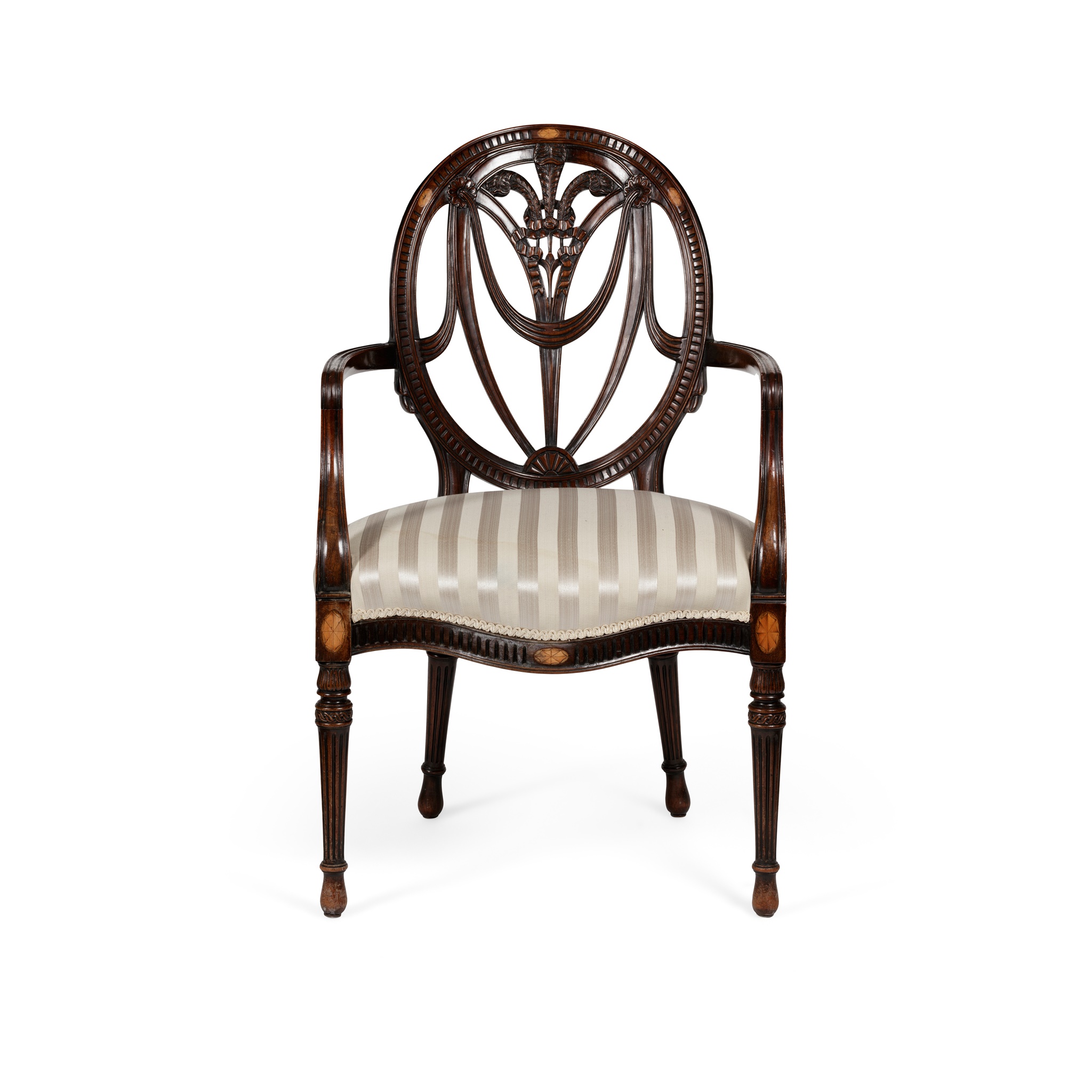 CHIPPENDALE REVIVAL MAHOGANY INLAID OPEN ARMCHAIR, BY S. & H. JEWELL