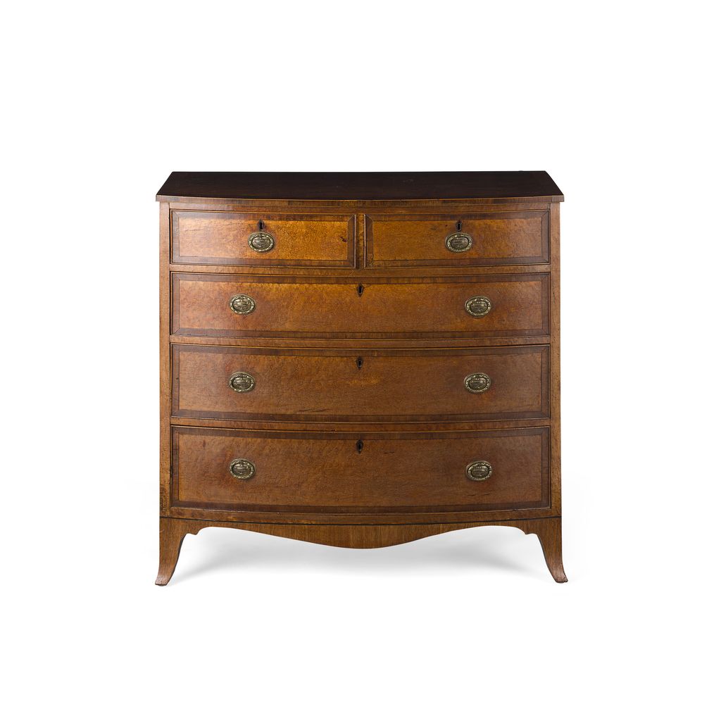 GEORGE III MAHOGANY AND BIRD'S EYE MAPLE BOWFRONT CHEST OF DRAWERS