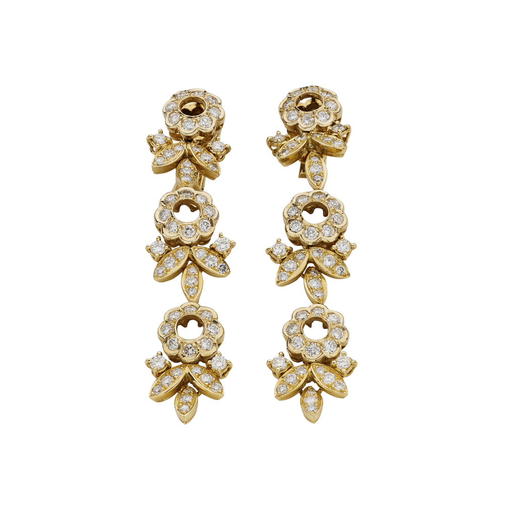 A pair of French diamond set floral pendant earrings
