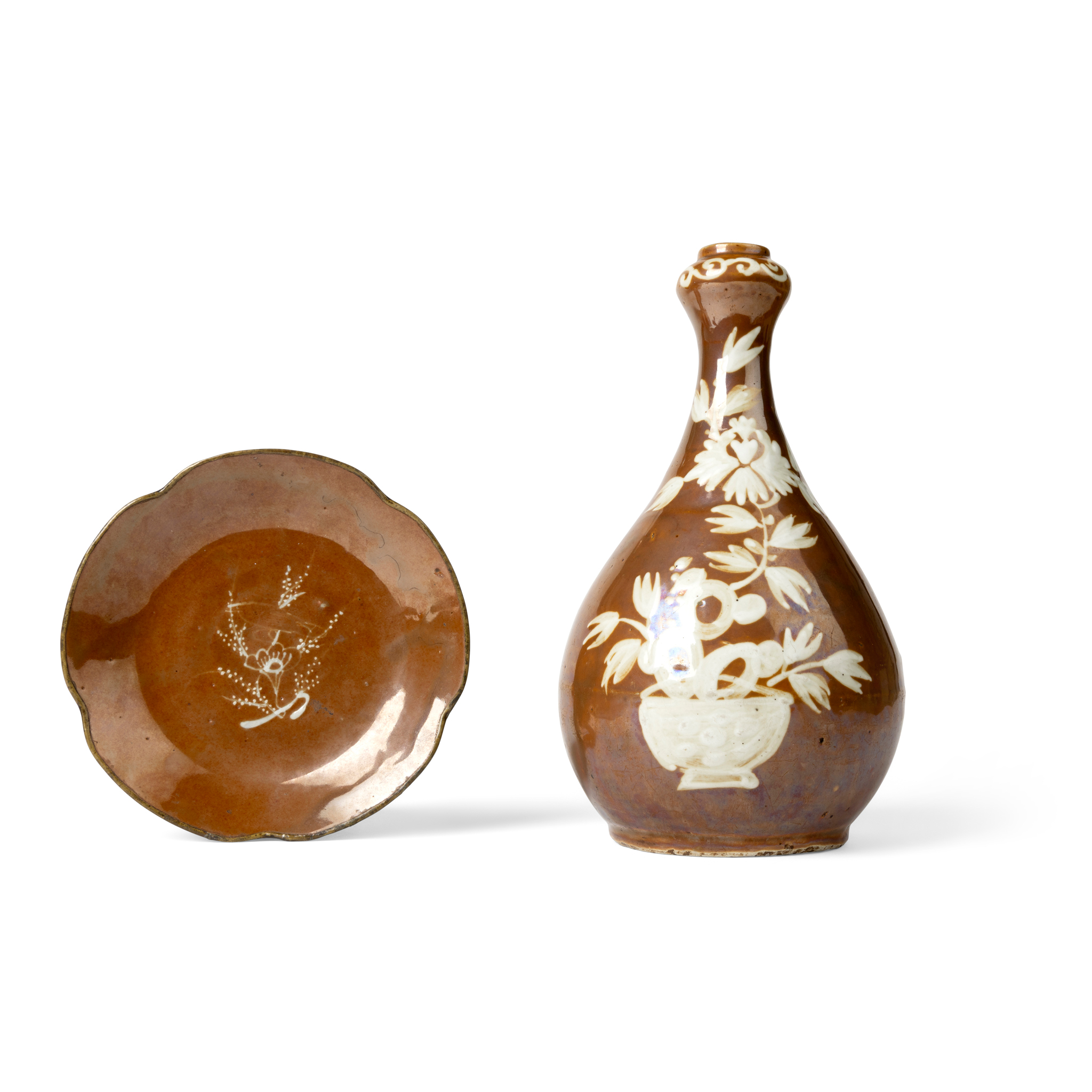 TWO CHINESE BROWN-GLAZED SLIP-DECORATED BOTTLE VASE AND DISH