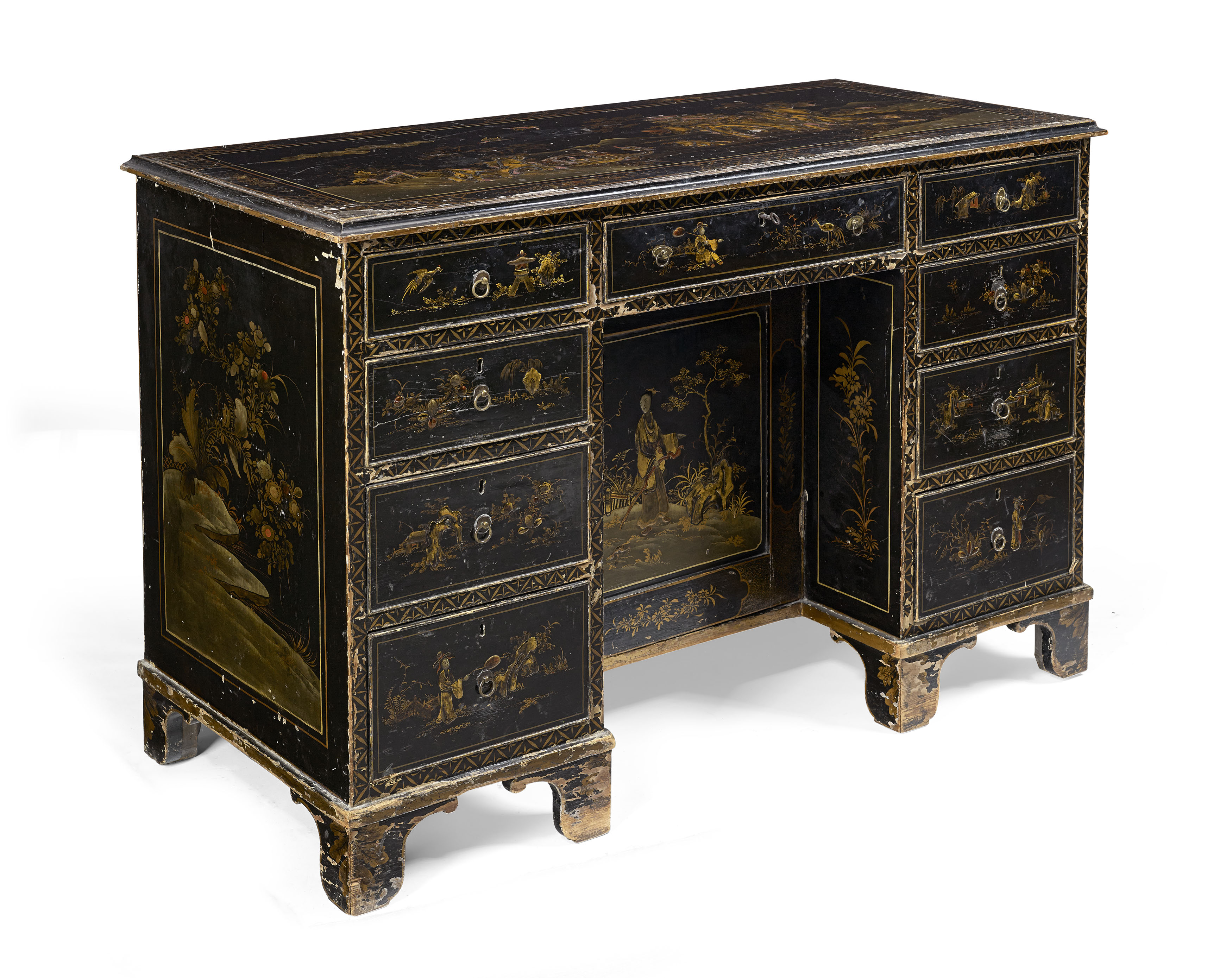 GEORGE III BLACK JAPANNED AND GILT KNEEHOLE DESK