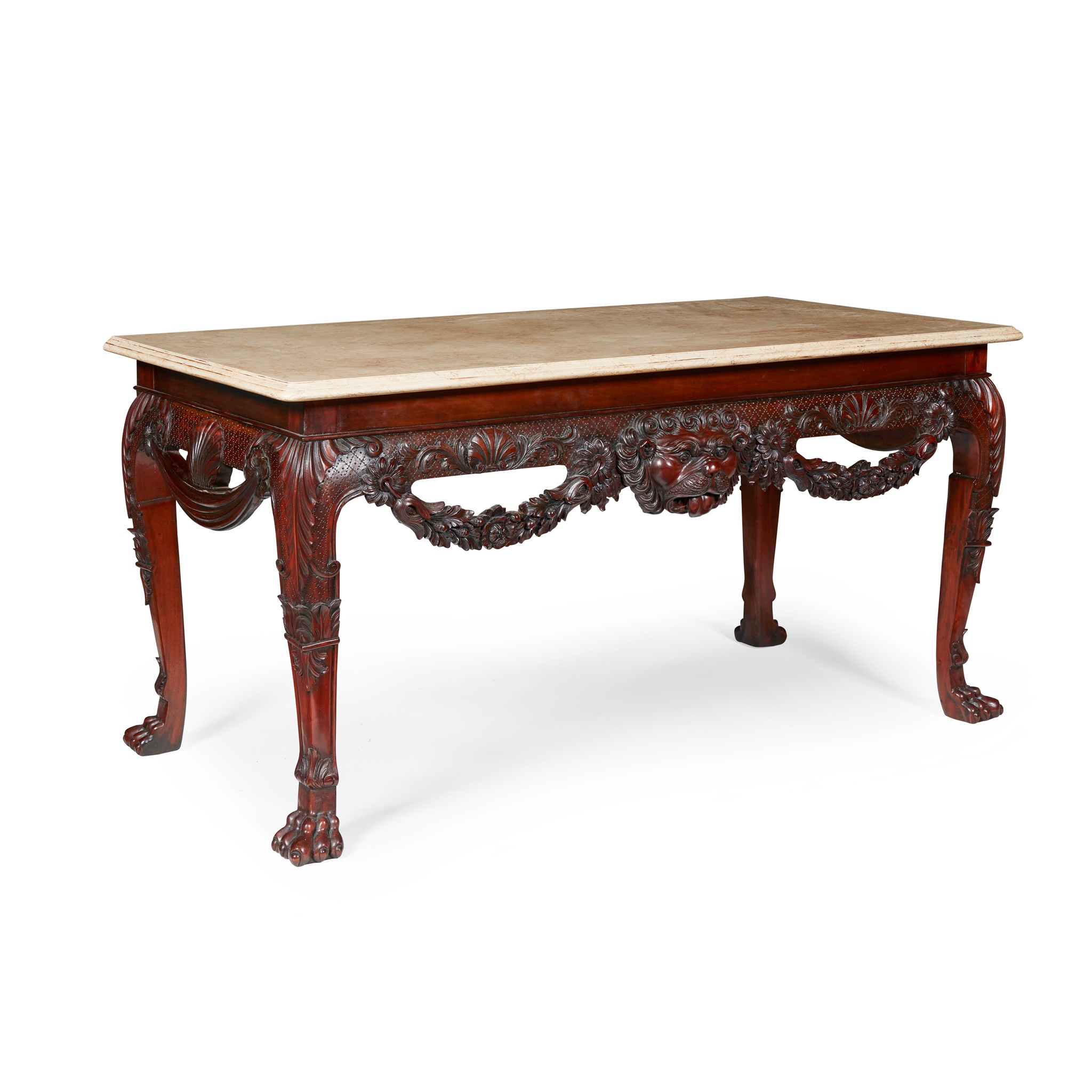 IRISH GEORGE III STYLE MAHOGANY MARBLE TOPPED HALL TABLE