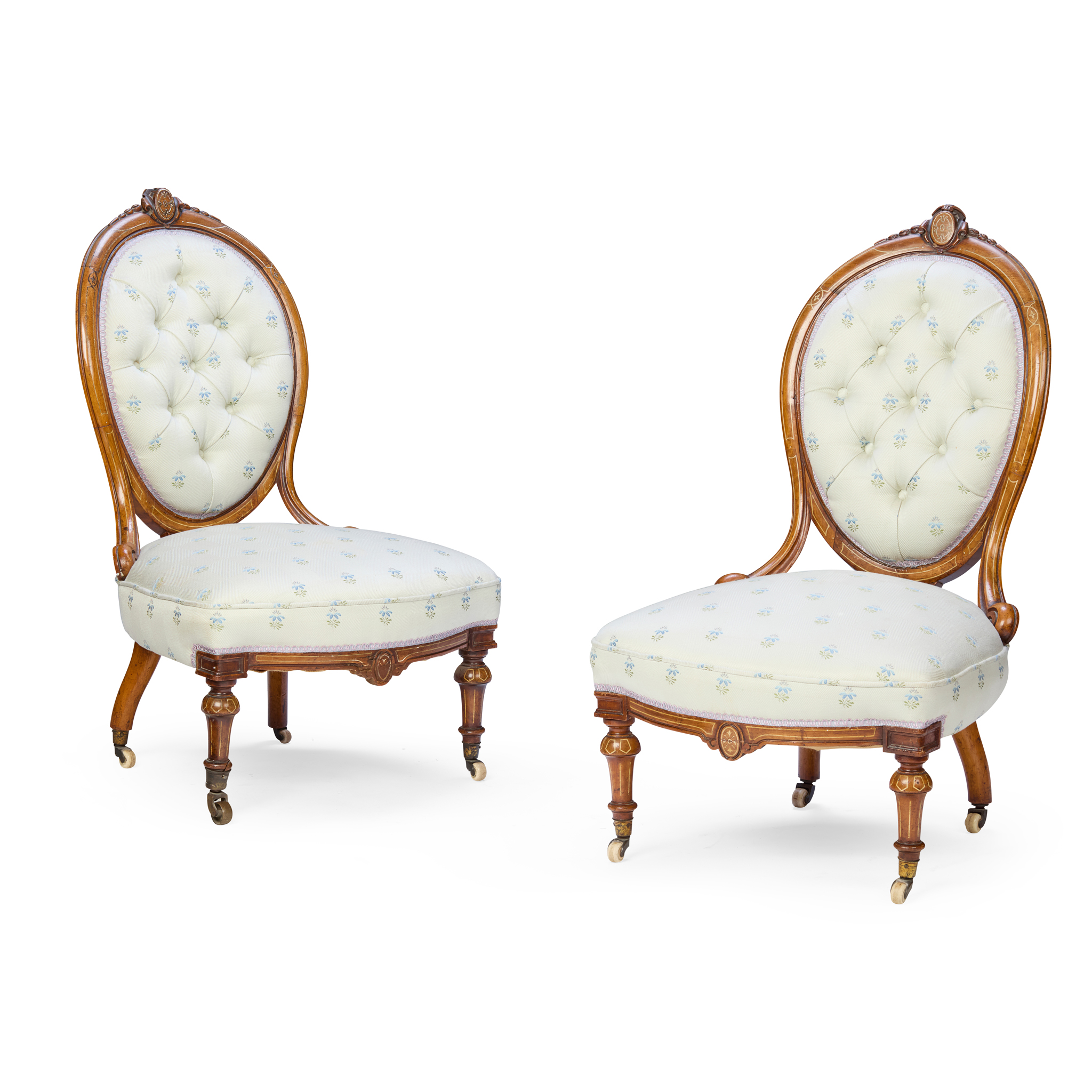 PAIR OF VICTORIAN WALNUT AND IVORY STRUNG PARLOUR CHAIRS
