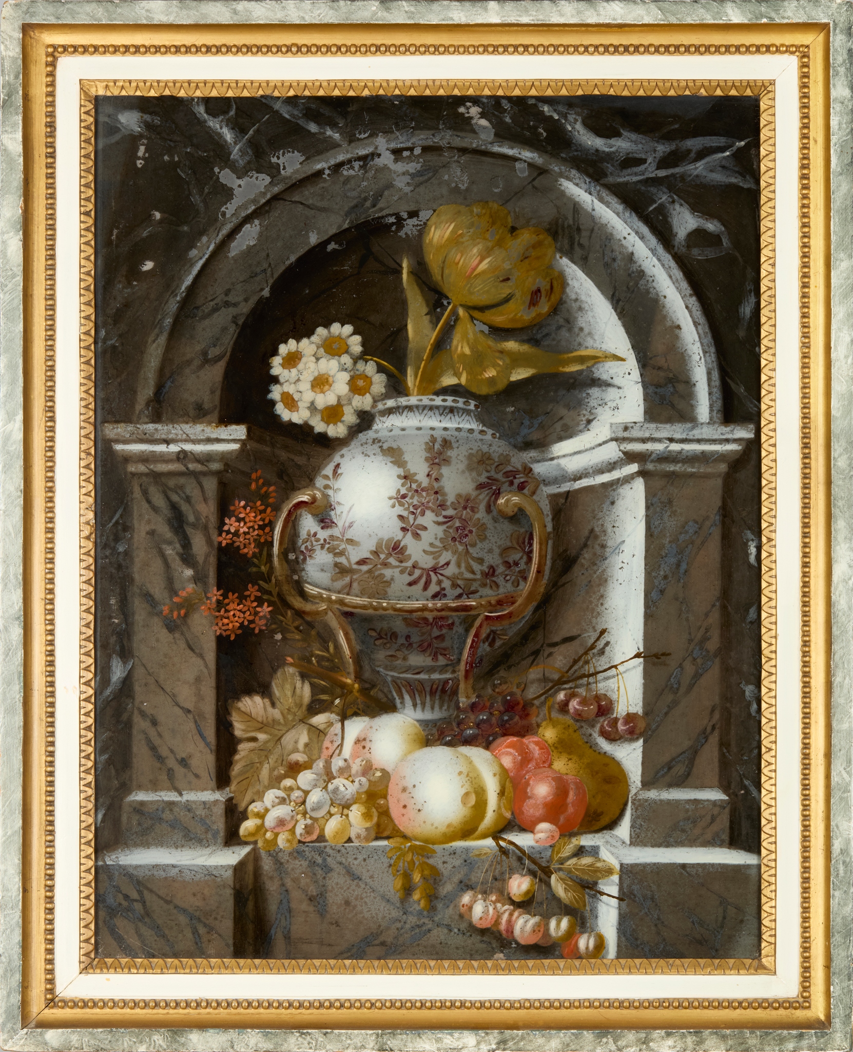 CONTINENTAL SCHOOL STILL LIFE REVERSE PAINTED ON GLASS