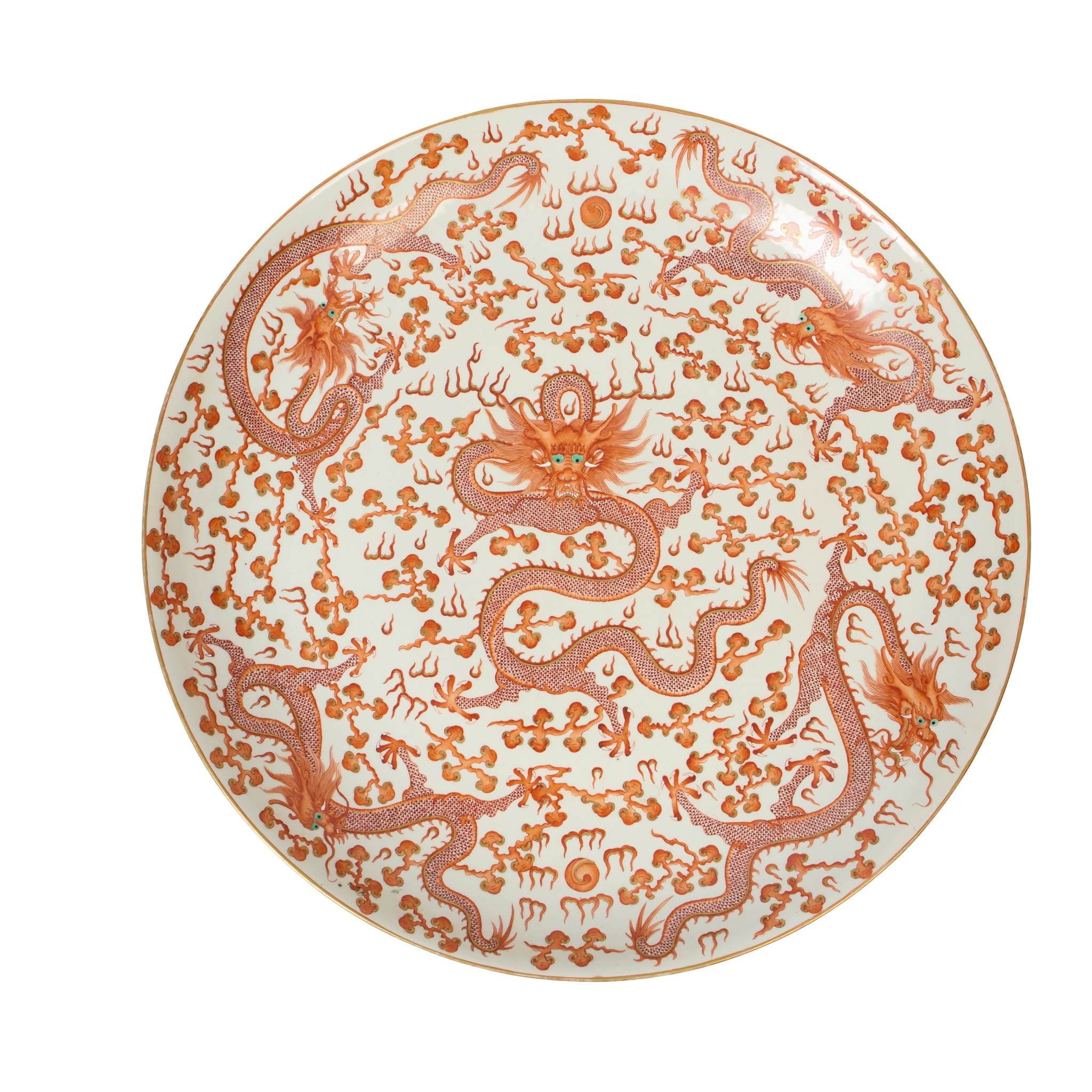 LARGE CHINESE IRON-RED AND GILT-DECORATED 'DRAGON' CHARGER