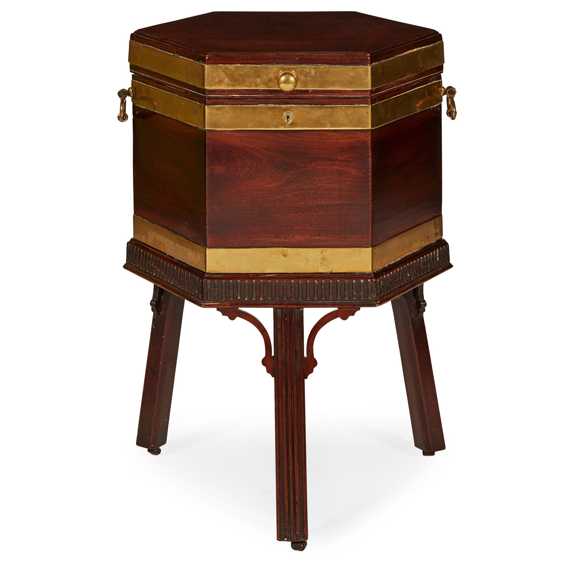 EARLY GEORGE III MAHOGANY BRASS BANDED WINE COOLER ON STAND