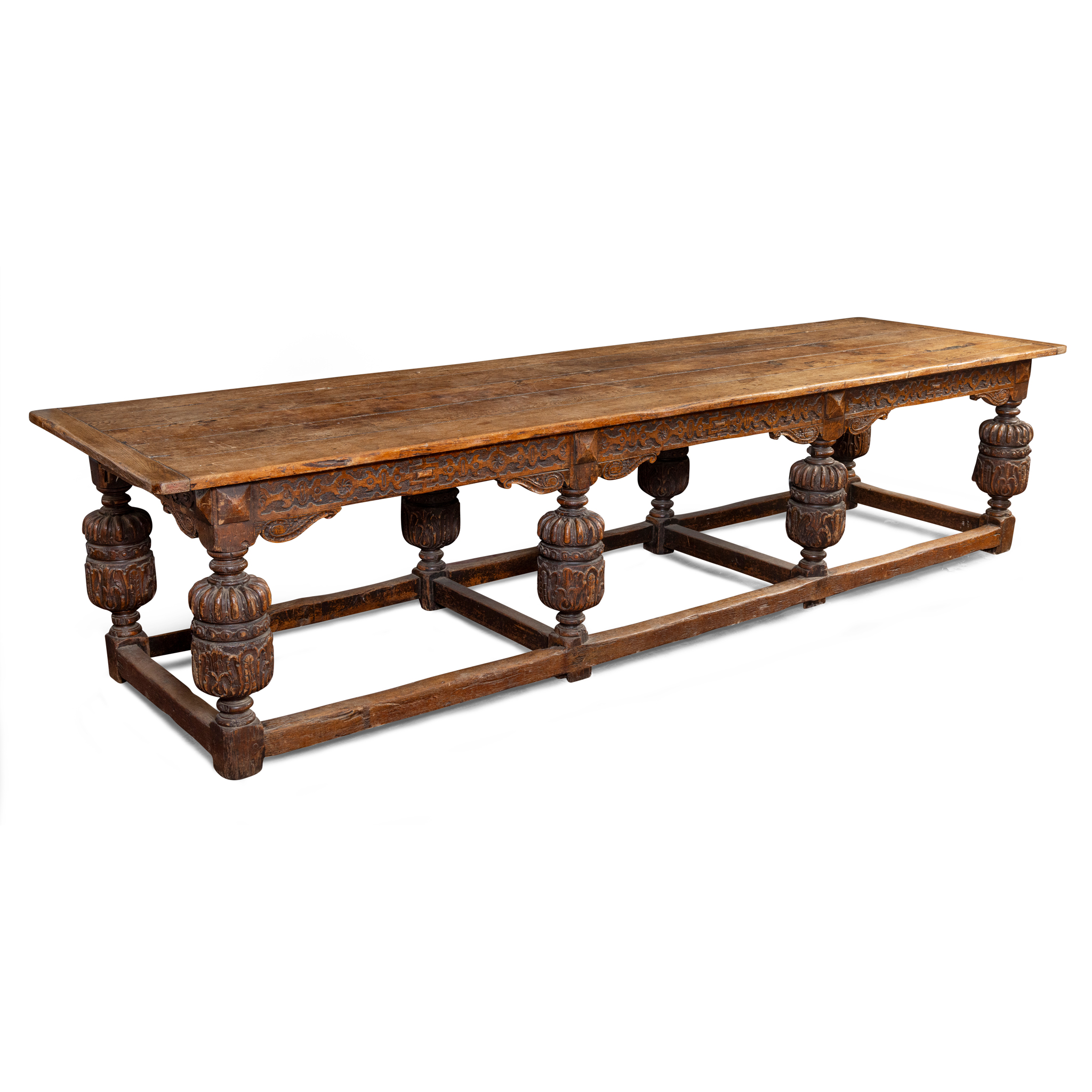 AN OAK PLANK TOP REFECTORY STYLE TABLE