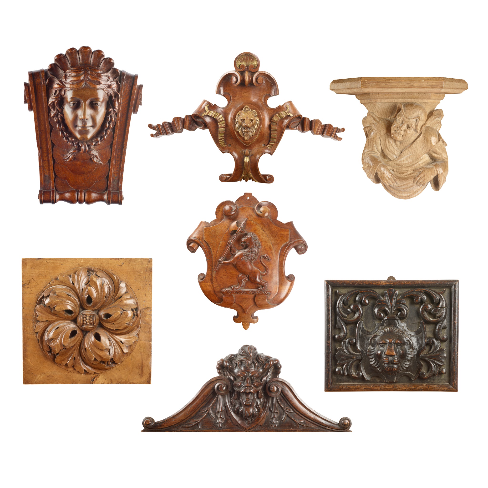 GROUP OF SEVEN CARVED ARCHITECTURAL PANELS