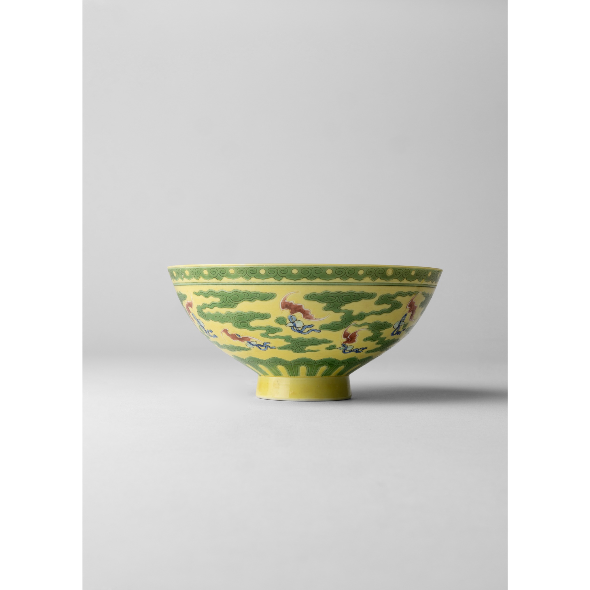 RARE POLYCHROMED YELLOW-GROUND 'NINE-BATS' BOWL