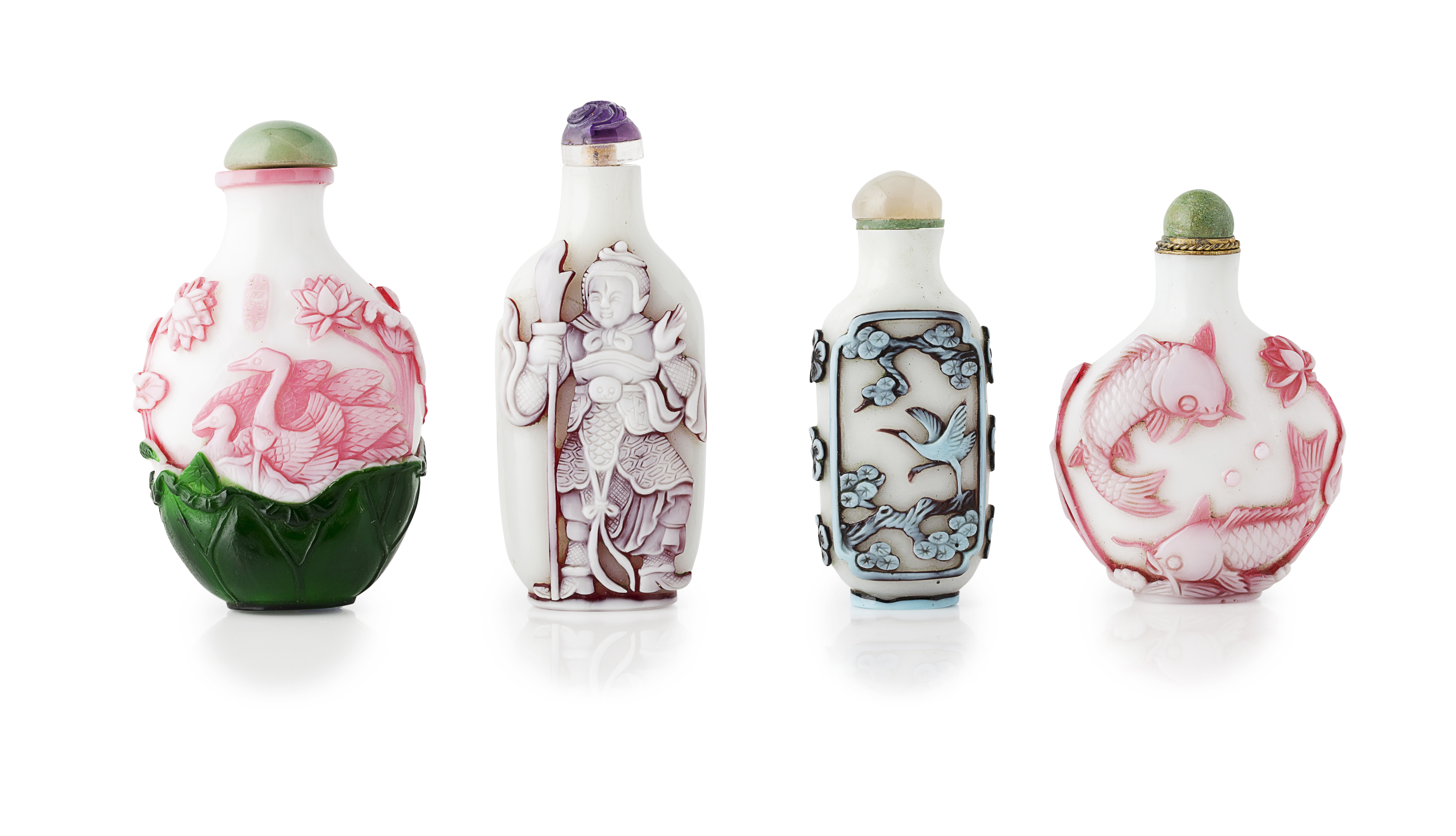 FOUR MILK GLASS DOUBLE OVERLAY SNUFF BOTTLES