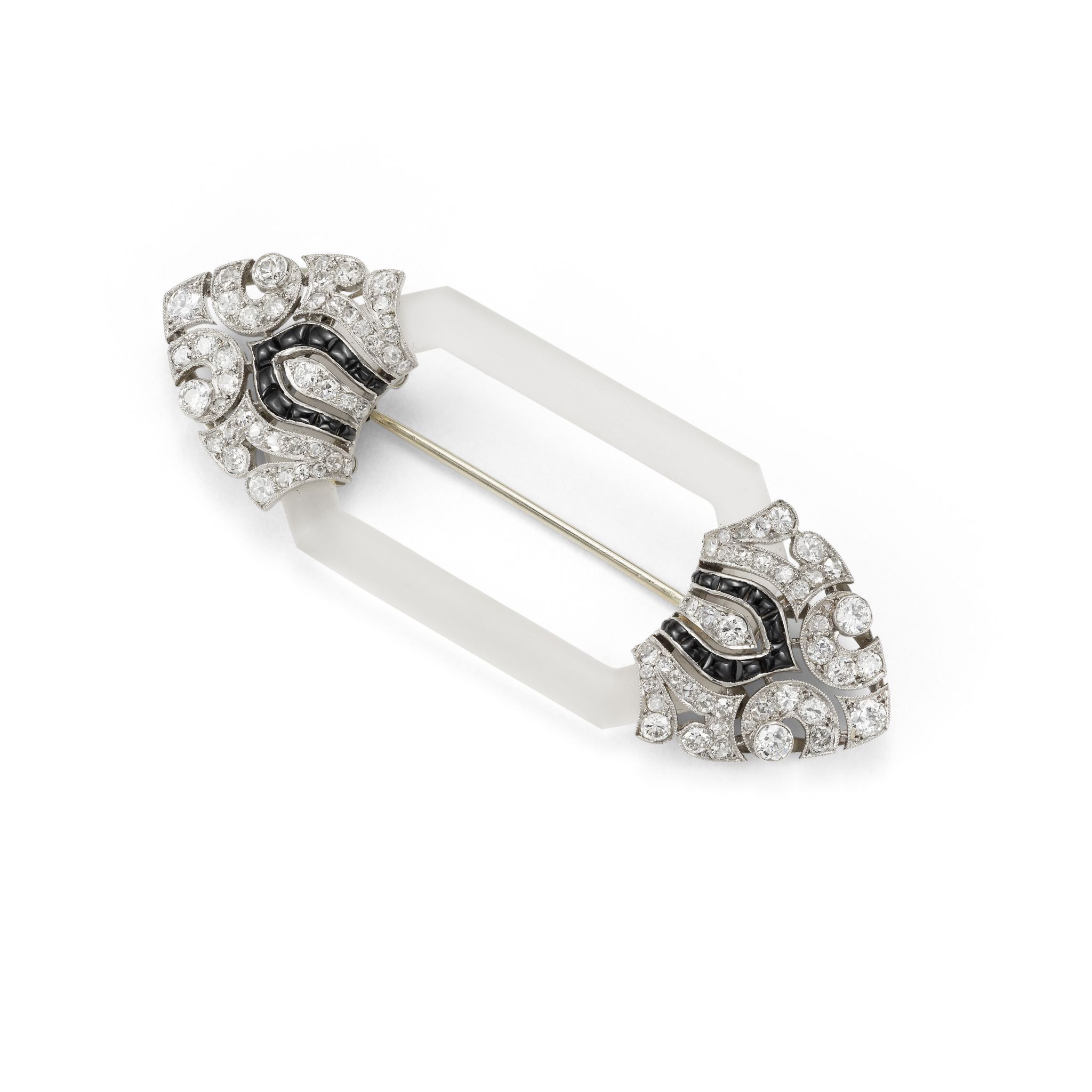 An Art Deco frosted rock crystal, onyx and diamond brooch, circa 1925