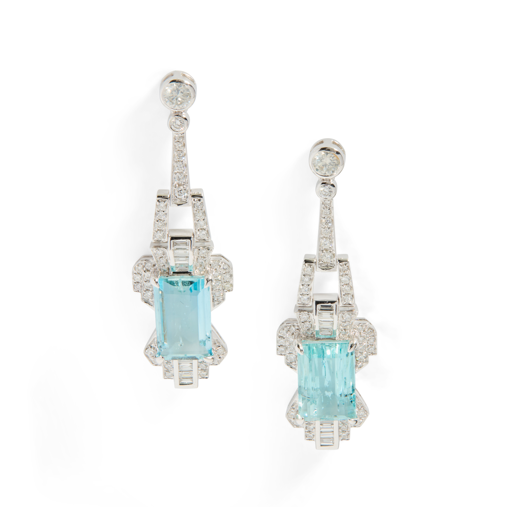 A pair of aquamarine and diamond pendent earrings