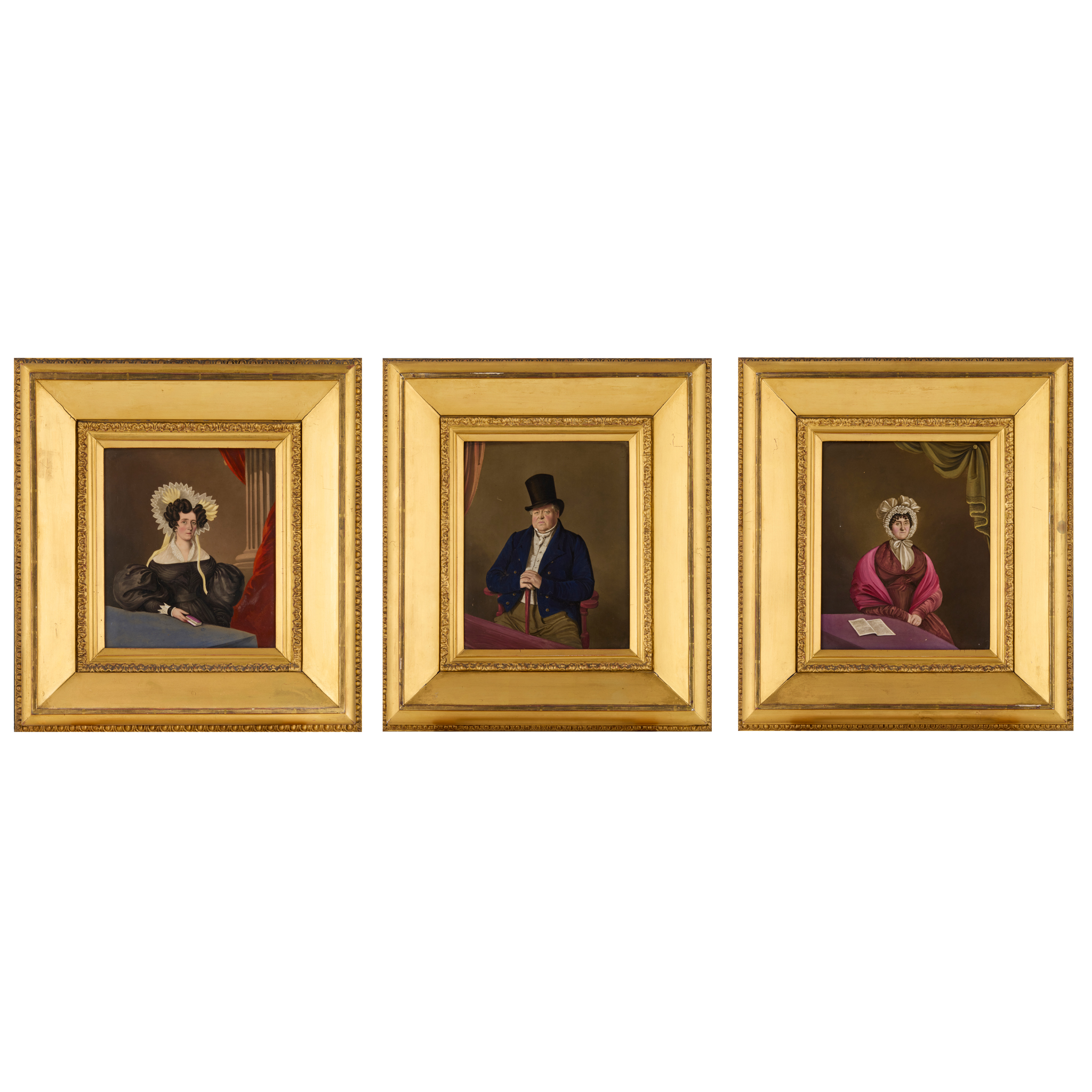 THREE FRAMED REGENCY PORTRAITS PAINTED ON PORCELAIN