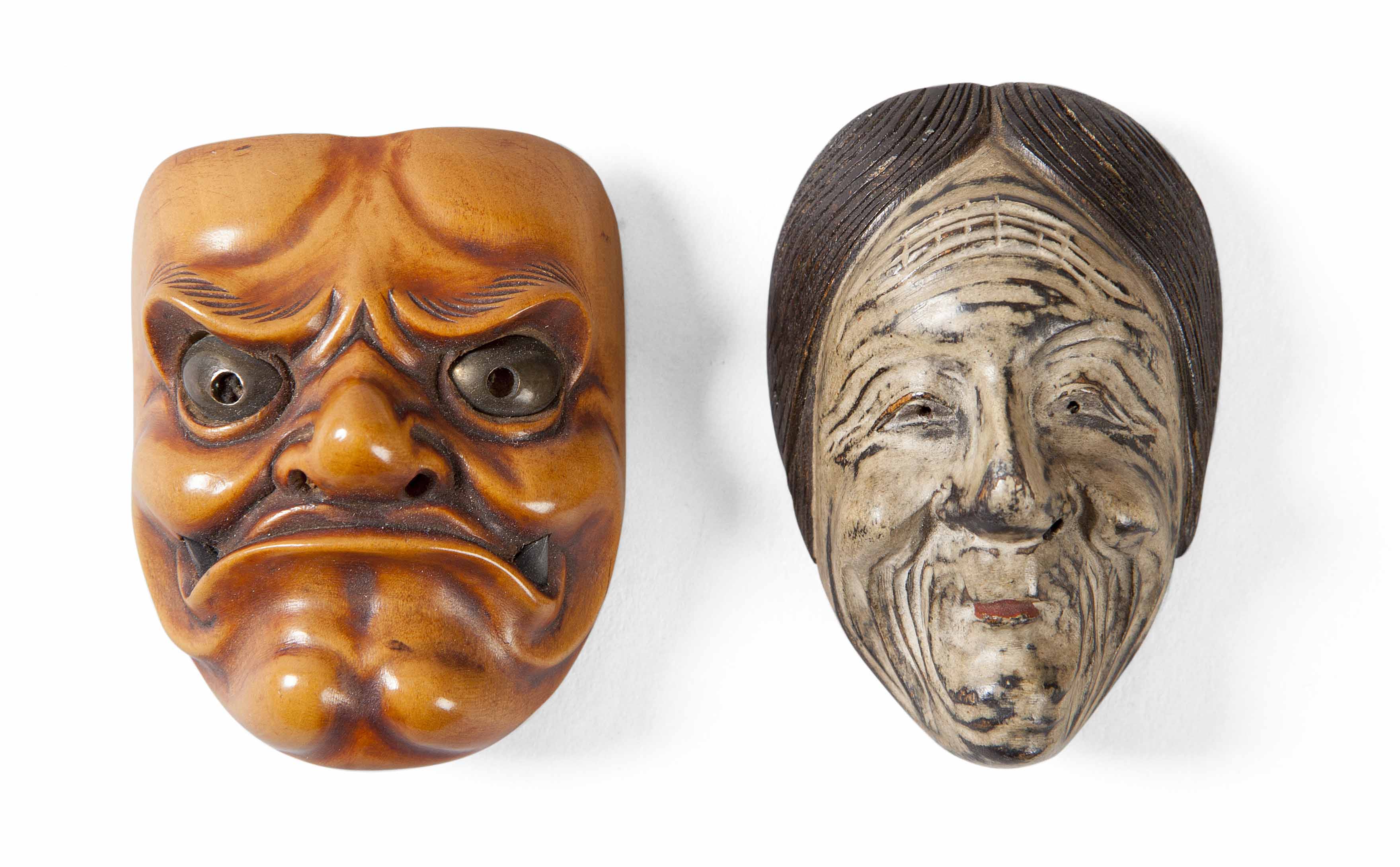 JAPANESE CARVED WOOD MASK NETSUKE