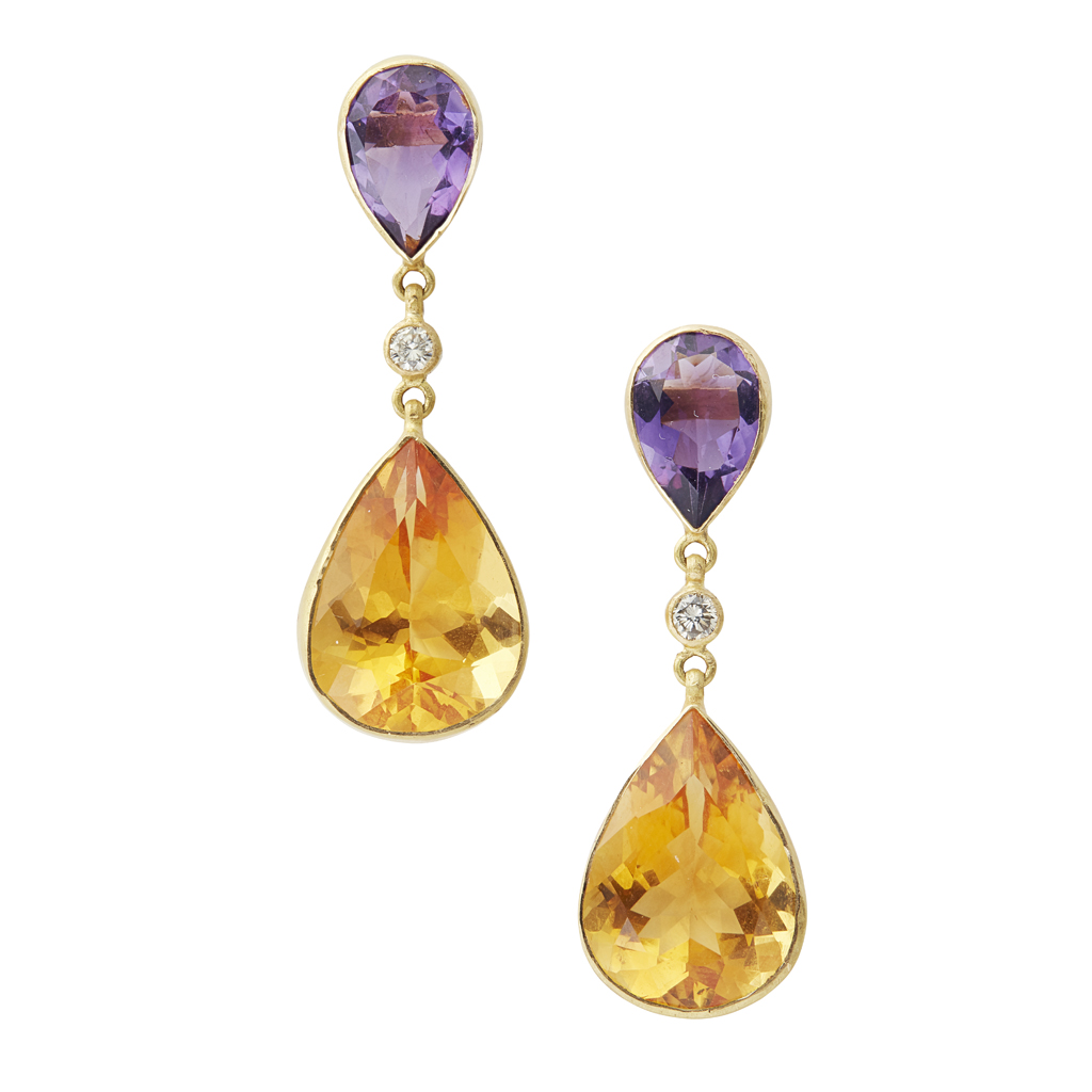 A pair of multi-gem set pendant earrings