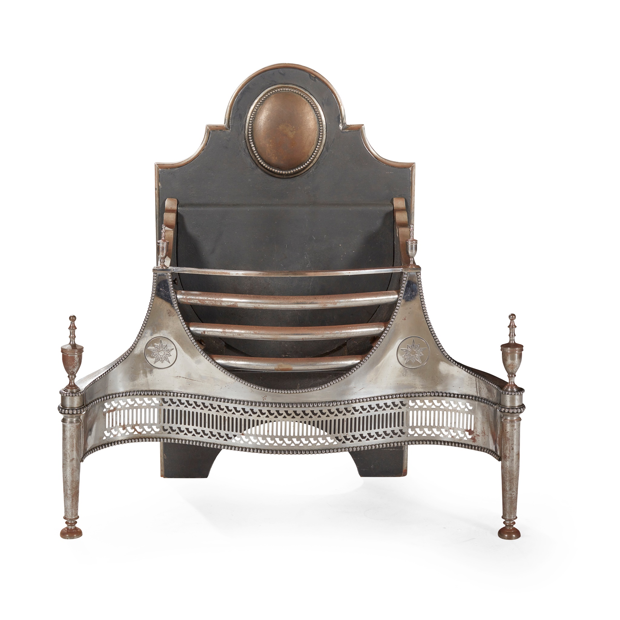 GEORGIAN STYLE POLISHED STEEL AND CAST IRON FIREGRATE