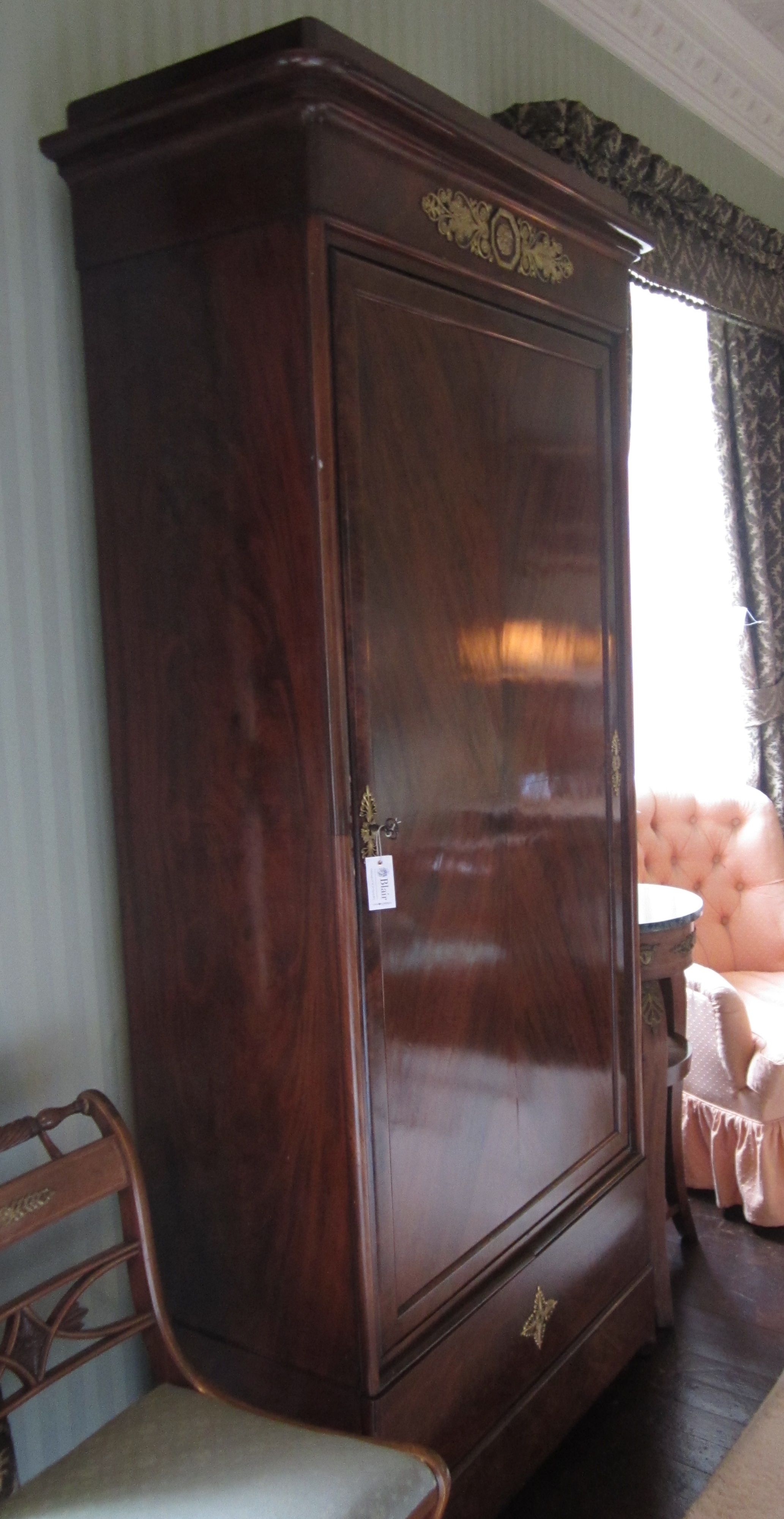 FRENCH EMPIRE STYLE GILT METAL MOUNTED MAHOGANY ARMOIRE