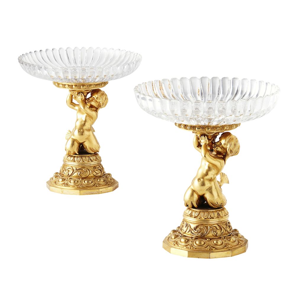 PAIR OF CHARLES X GILT BRONZE AND GLASS FIGURAL TAZZAE