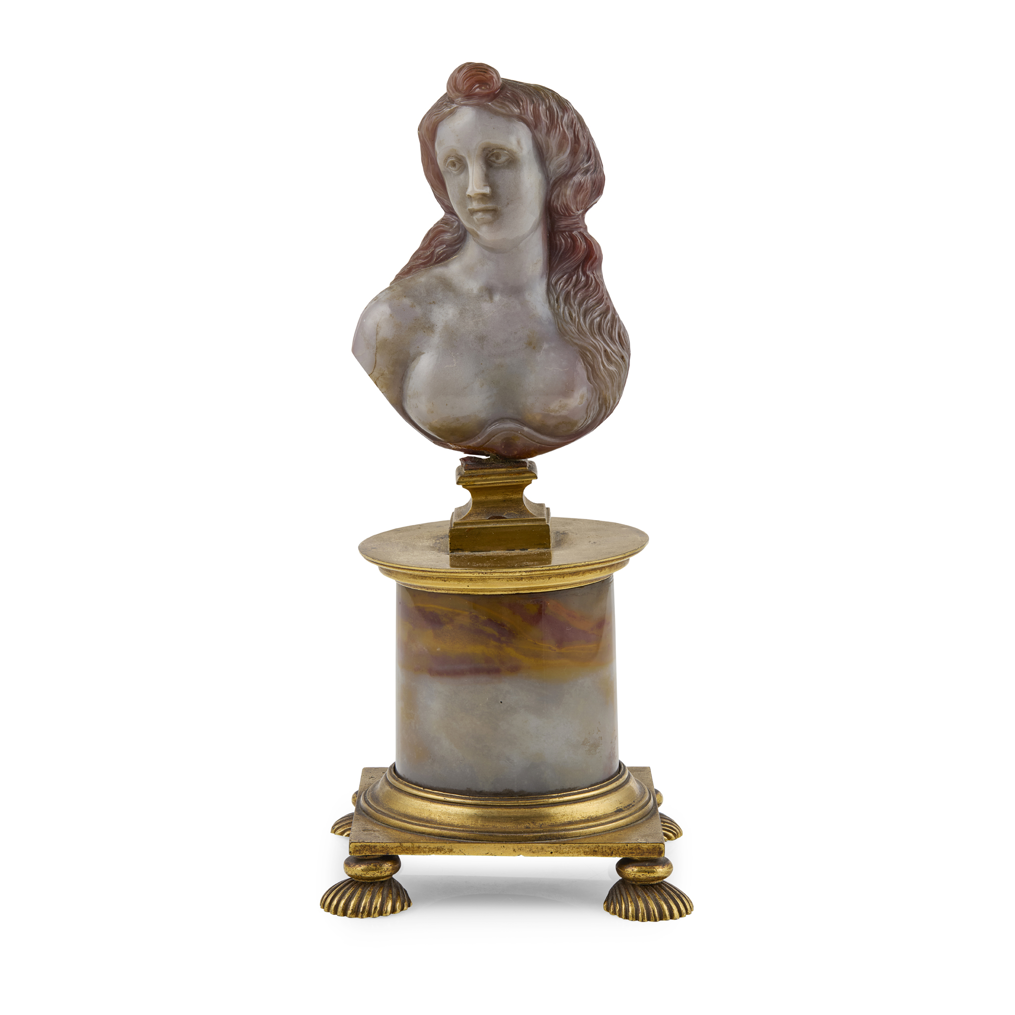 CARVED CHALCEDONY AND GILT BRONZE MOUNTED BUST OF VENUS