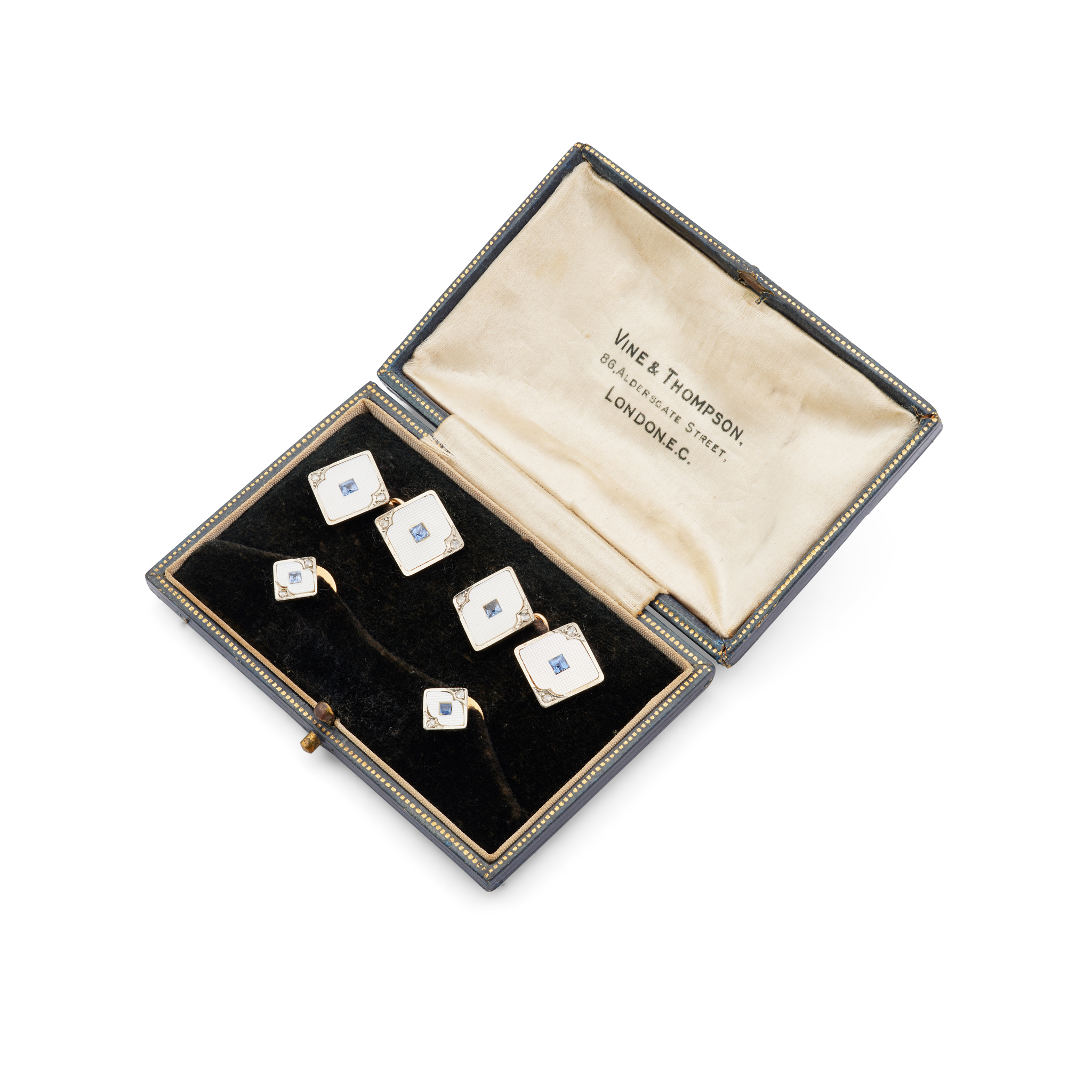 A sapphire, mother of pearl and diamond dress set, first half of the 20th century