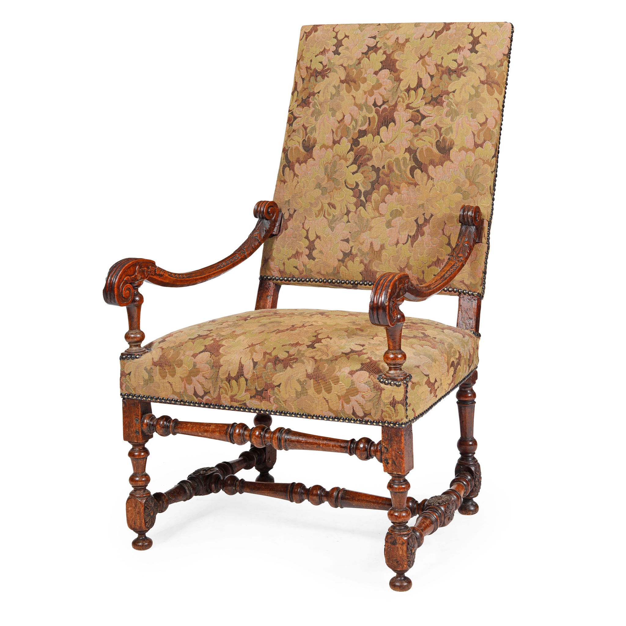 WILLIAM AND MARY WALNUT FRAMED OPEN ARMCHAIR
