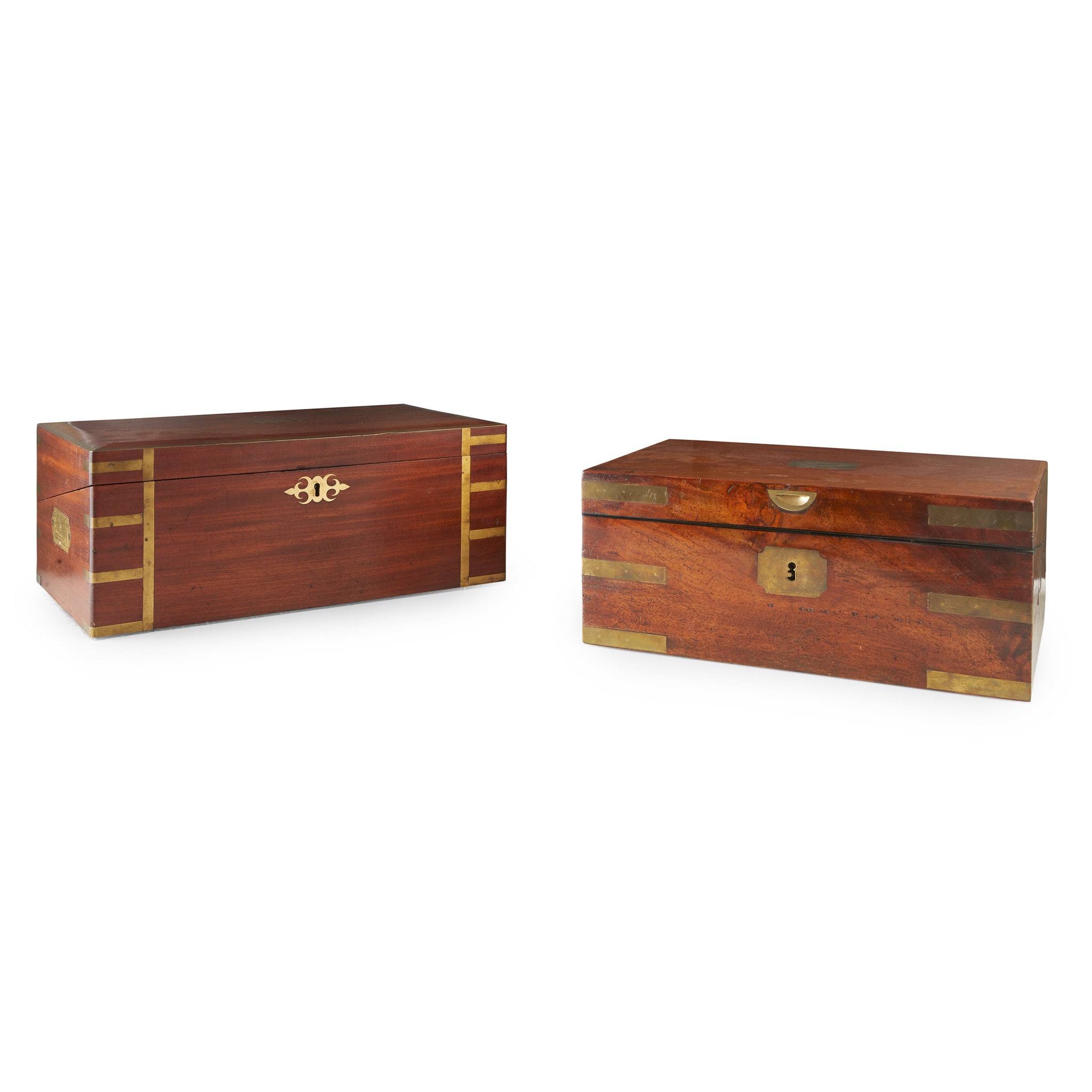 TWO MAHOGANY BRASS BANDED WRITING SLOPES