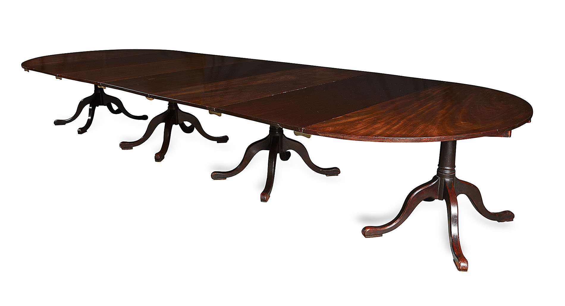 GEORGE III MAHOGANY QUADRUPLE PEDESTAL D-END DINING TABLE