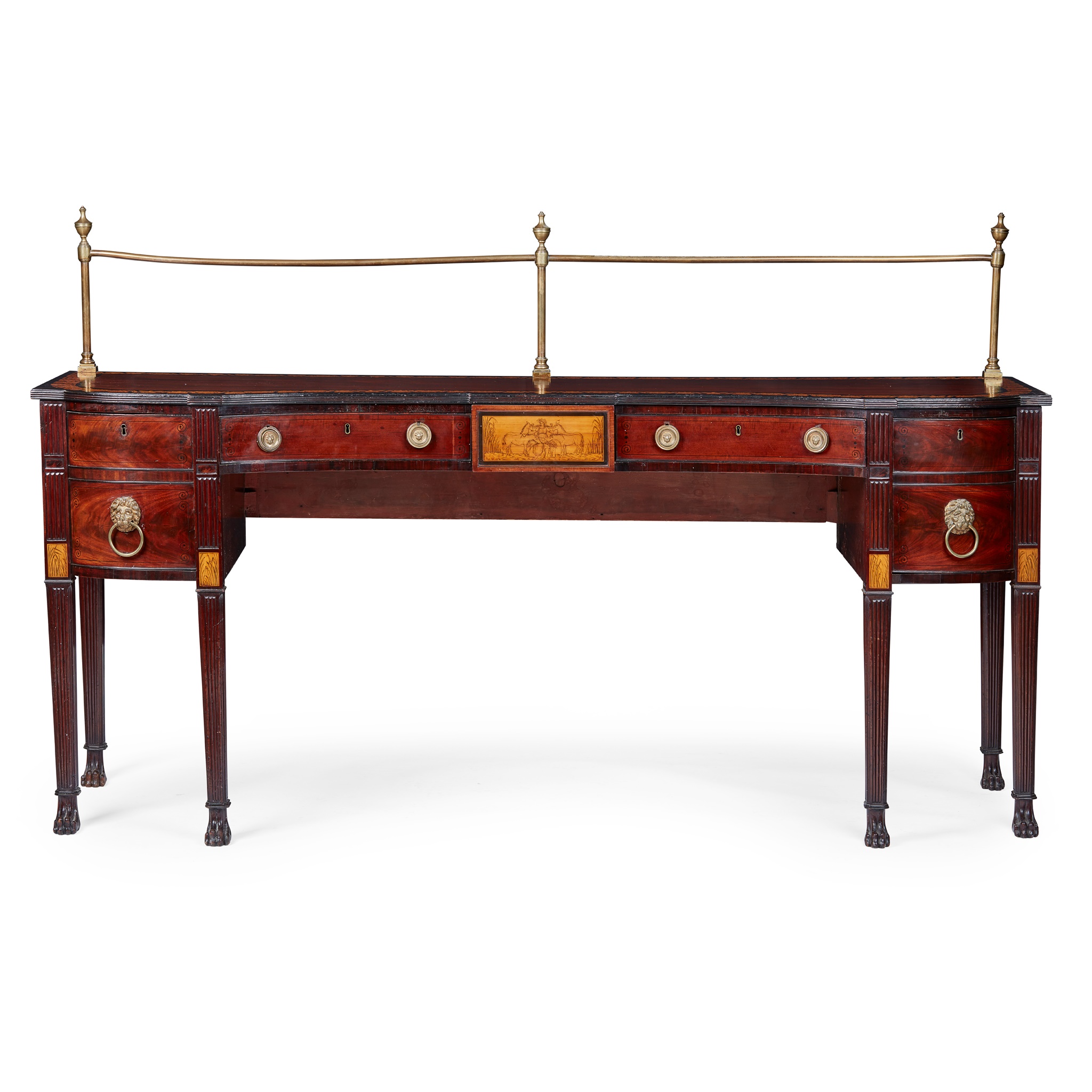 REGENCY MAHOGANY, FRUITWOOD, EBONISED, AND PENWORK SIDEBOARD
