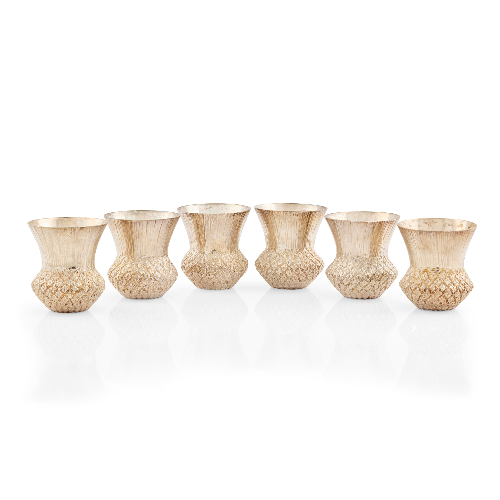 SET OF SIX CONTEMPORARY SILVER THISTLE TOT CUPS