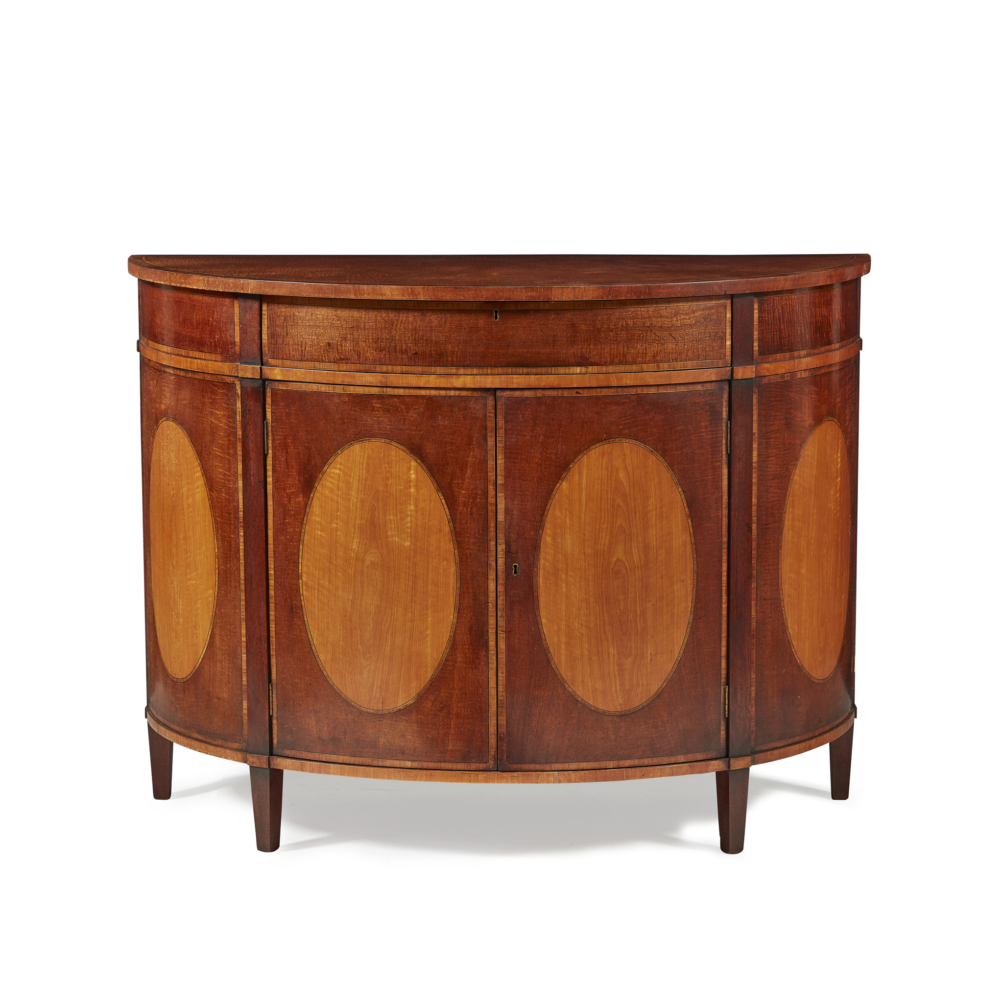 GEORGE III STYLE MAHOGANY AND SATINWOOD DEMILUNE SIDE CABINET