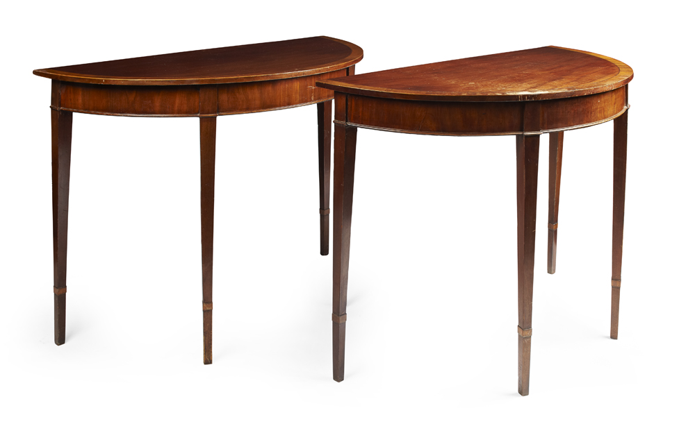 PAIR OF GEORGE III MAHOGANY AND SATINWOOD CROSSBANDED CONSOLE TABLES