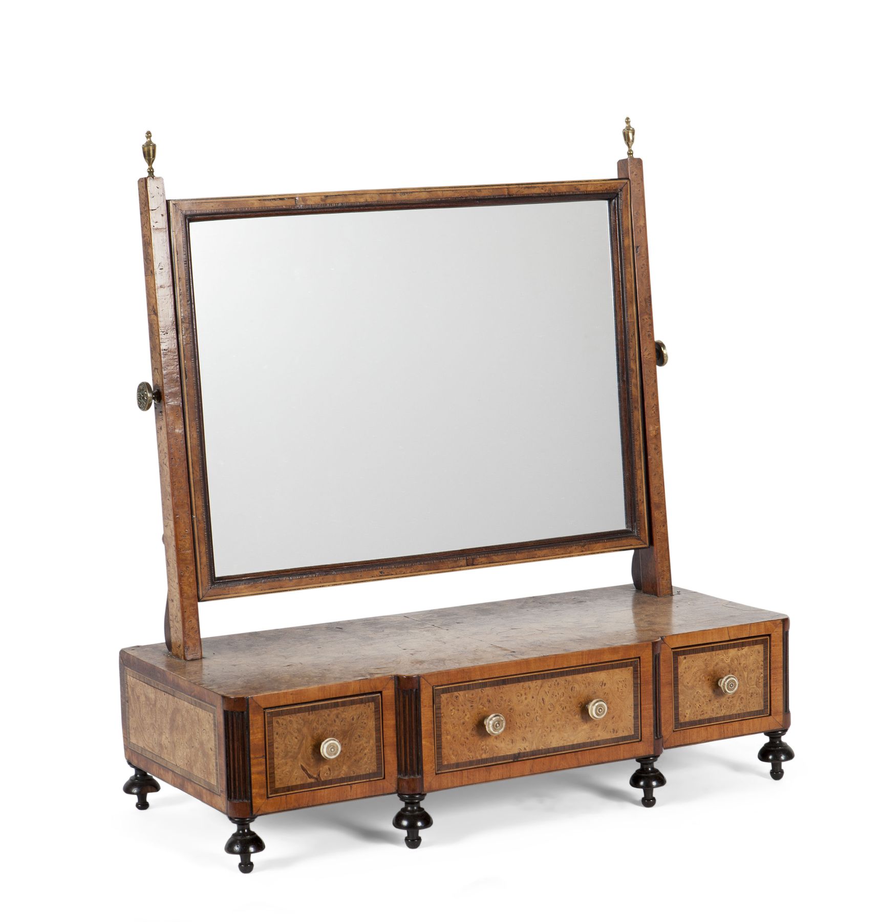 GOOD GEORGE III BURR WALNUT, SATINWOOD AND ROSEWOOD TOILET MIRROR