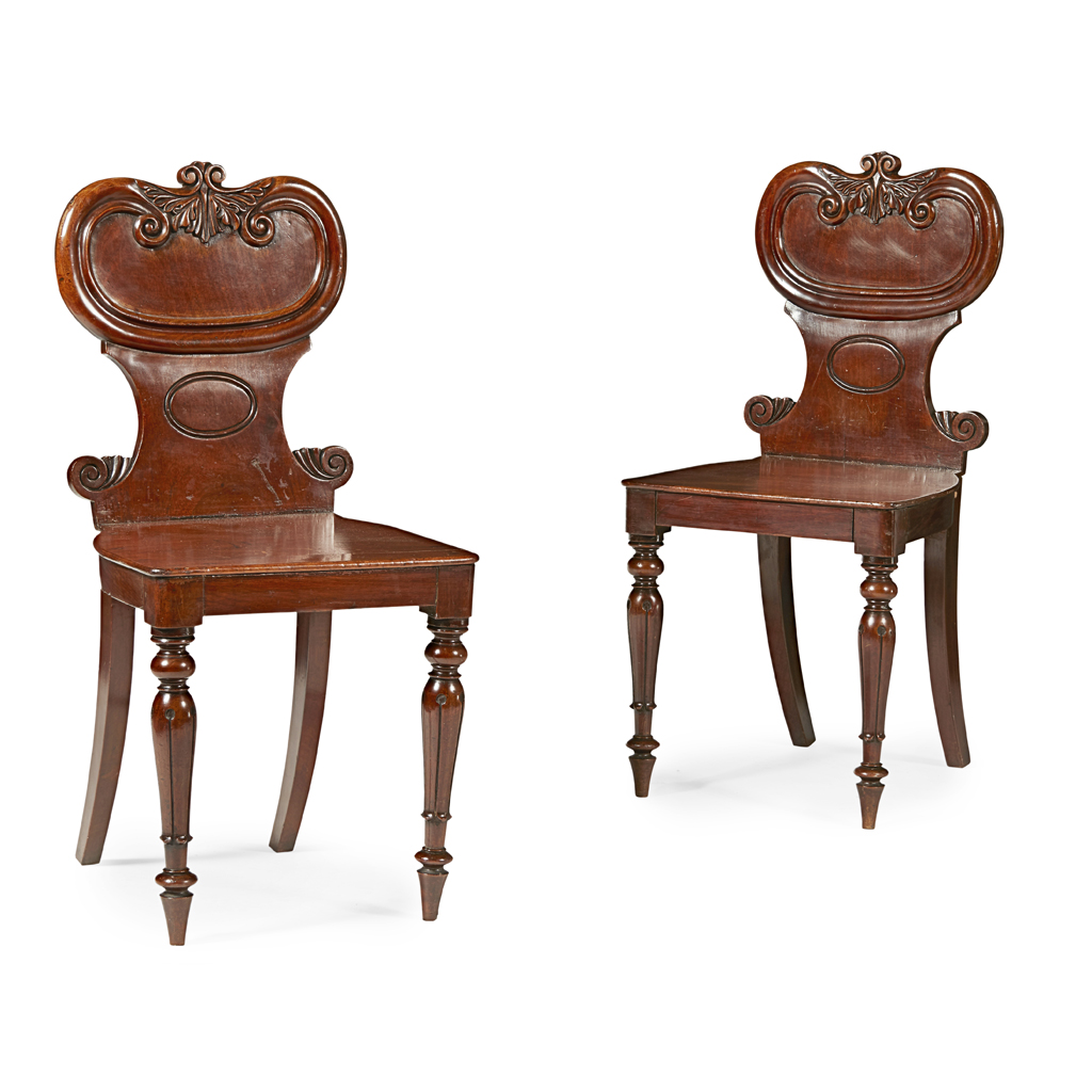 PAIR OF REGENCY MAHOGANY HALL CHAIRS