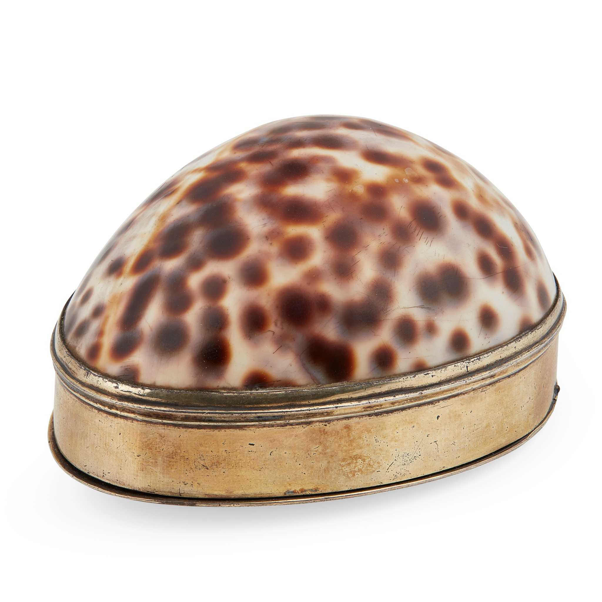 A George III silver-gilt mounted cowrie shell snuff box