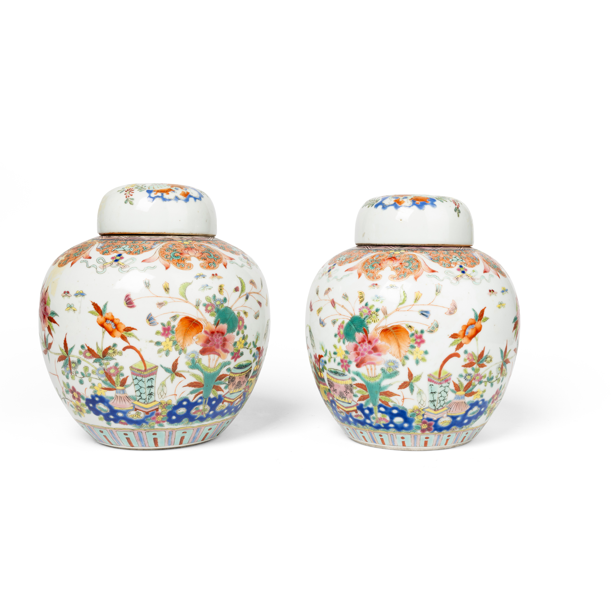 PAIR OF CHINESE FAMILLE ROSE GINGER JARS WITH LIDS