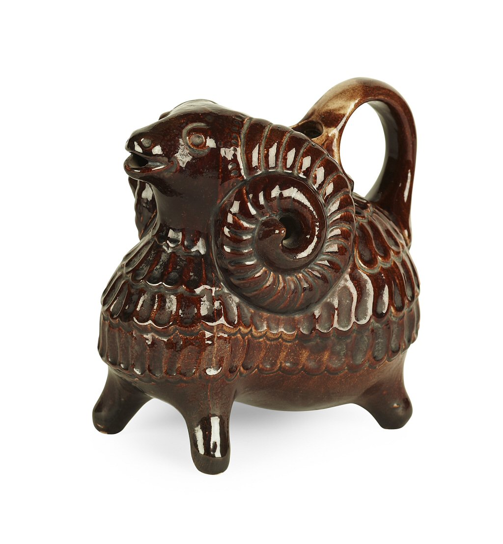 TURKISH GLAZED EARTHENWARE RAM FORM RHYTON