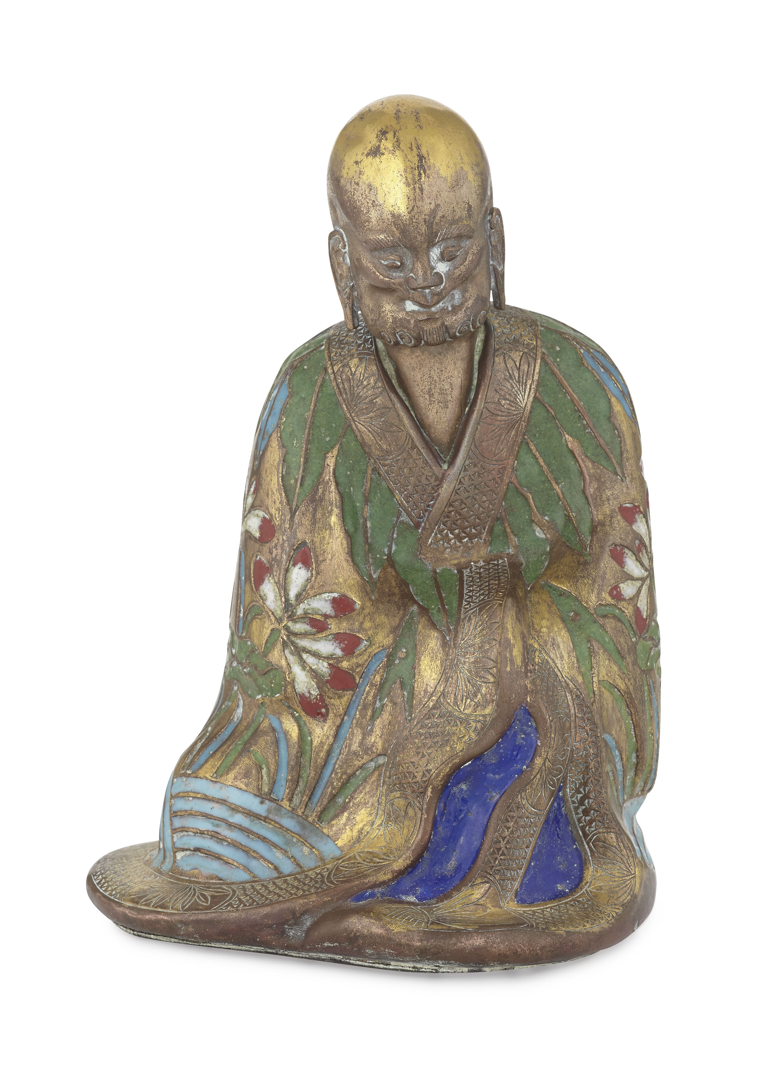 CHINESE BRASS AND CLOISONNE FIGURE OF A LUOHAN