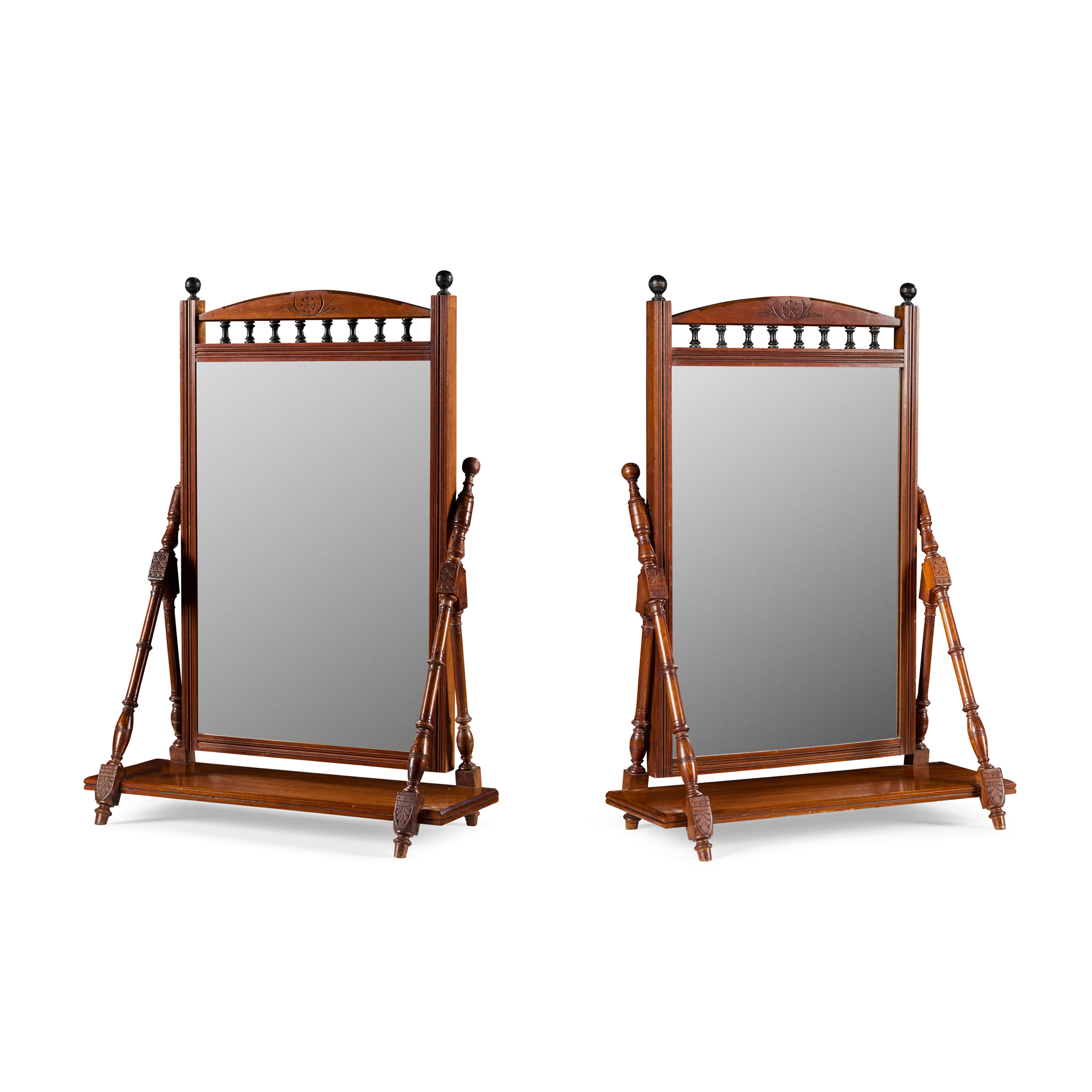 PAIR OF AESTHETIC MOVEMENT MAHOGANY AND EBONISED DRESSING TABLE MIRRORS