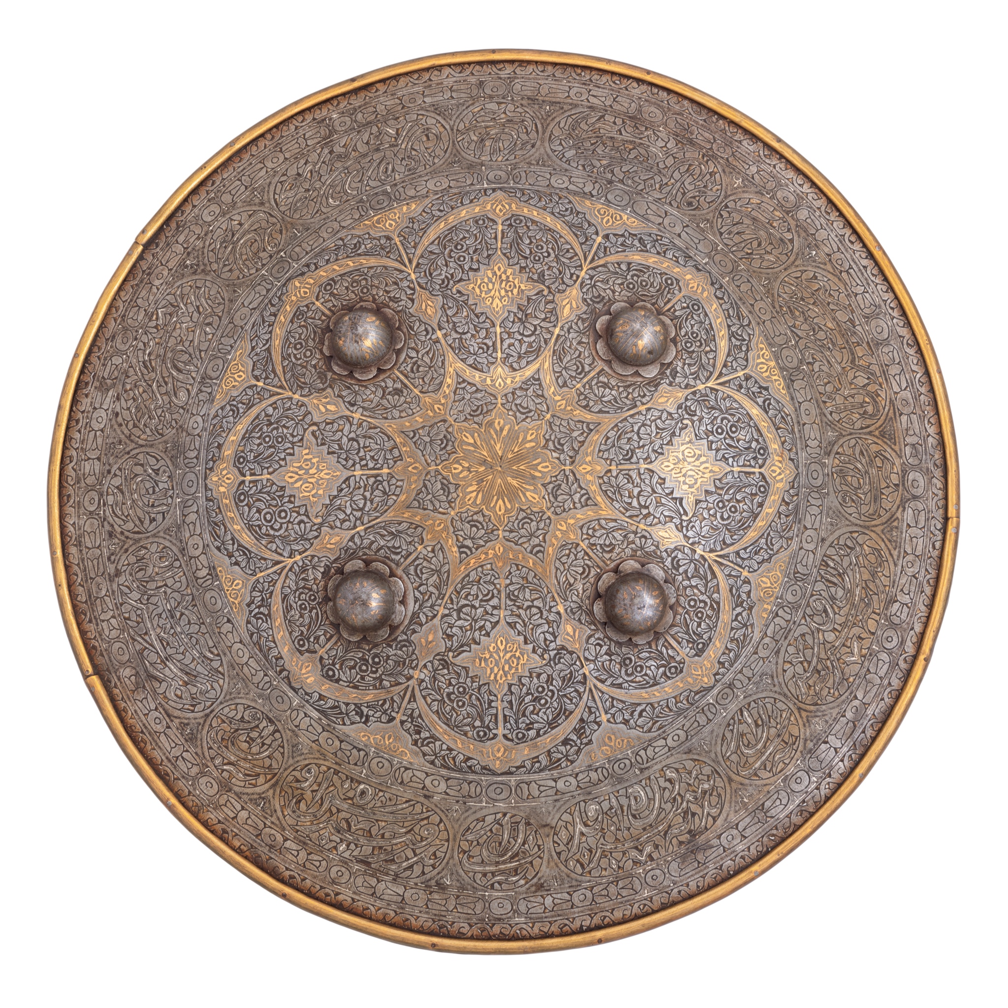 A QAJAR GOLD-DAMASCENED AND ENGRAVED STEEL SHIELD AND MATCHING HELMET