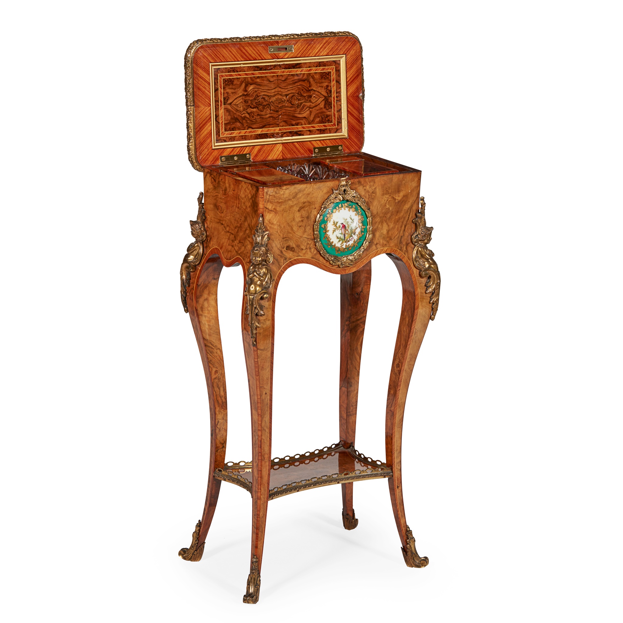 LOUIS XV STYLE WALNUT AND KINGWOOD PORCELAIN MOUNTED TEA POY