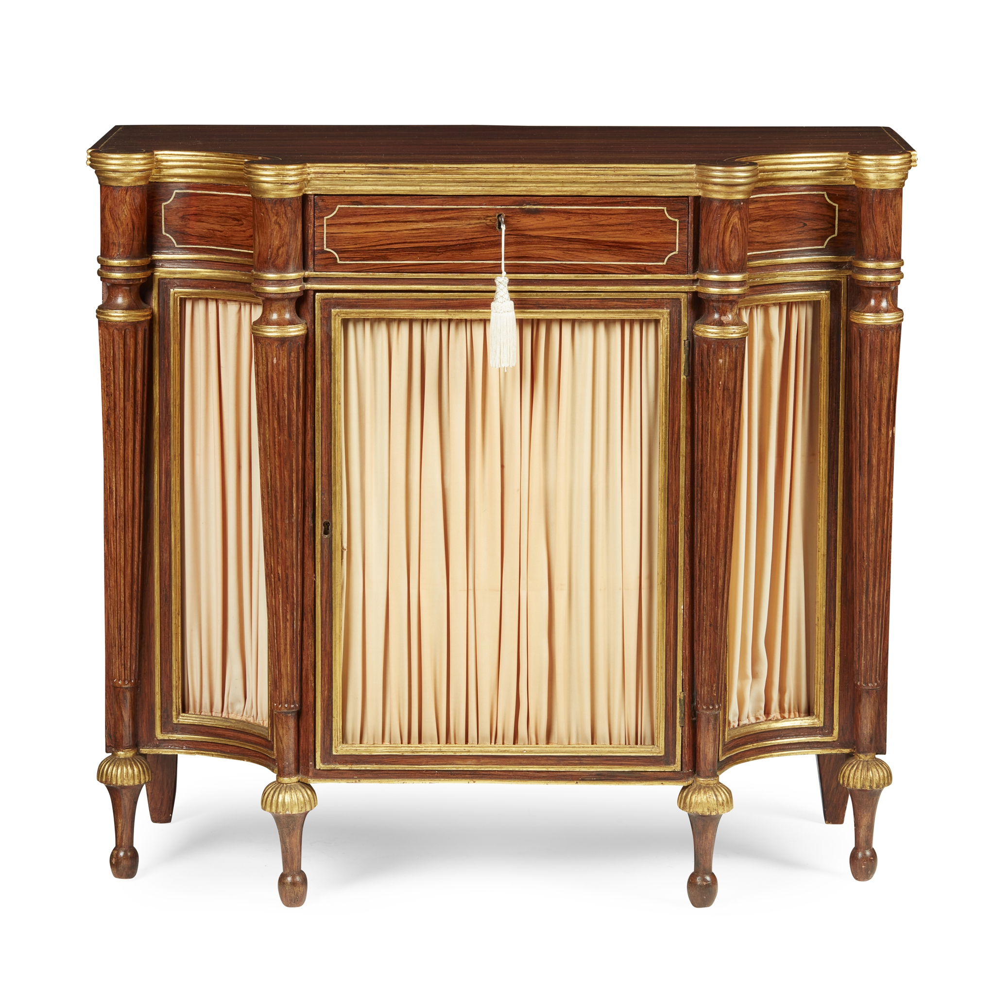 REGENCY GRAIN PAINTED ROSEWOOD AND PARCEL GILT BREAKFRONT SIDE CABINET