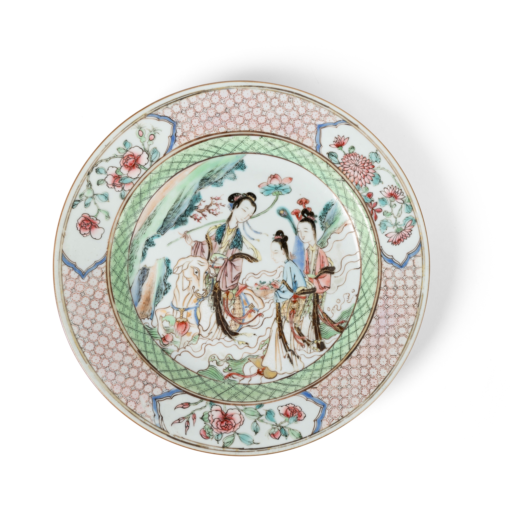 CHINESE FAMILLE ROSE 'FEMALE IMMORTAL AND WHITE BUFFALO' PLATE