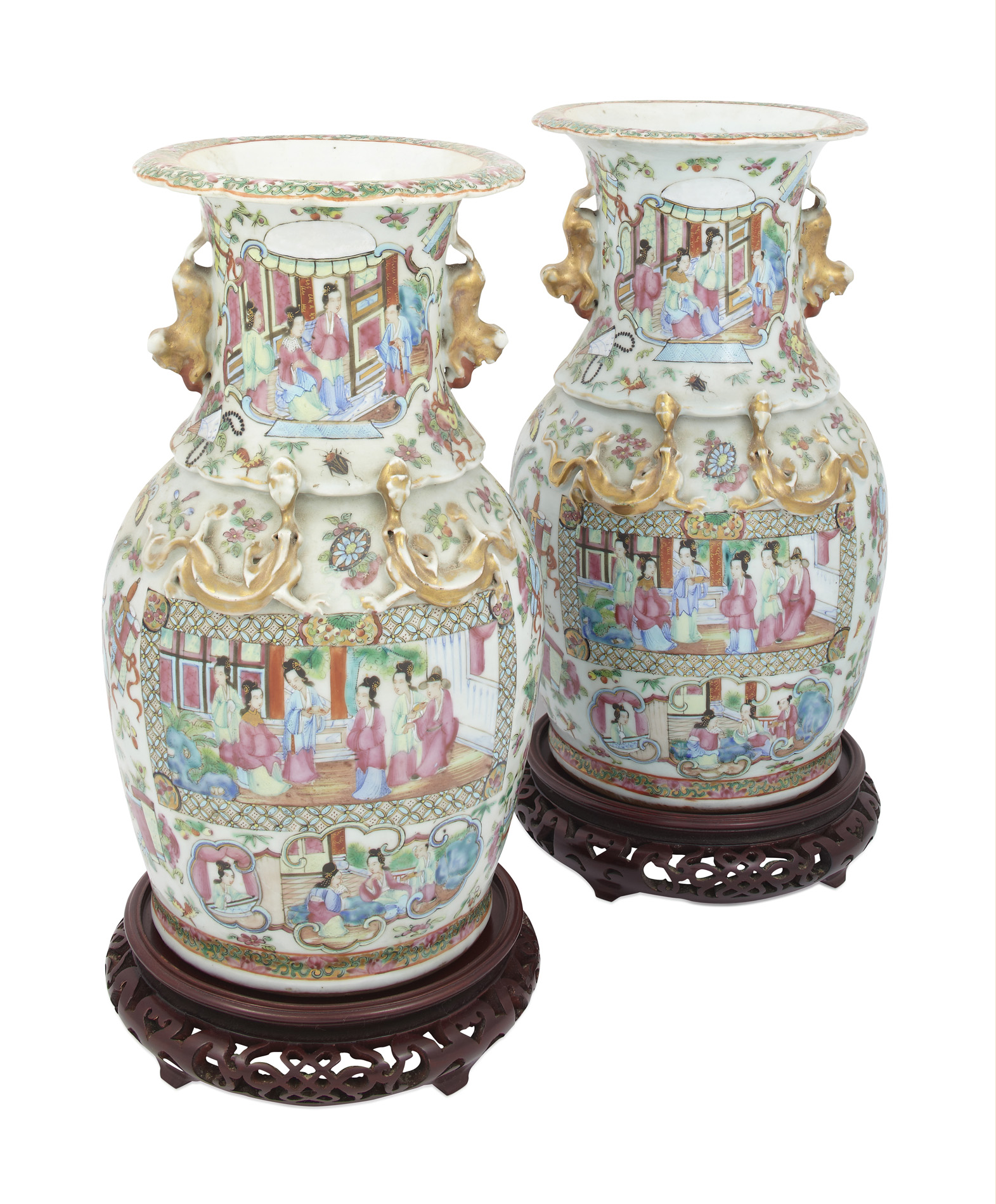 PAIR OF CANTON ROSE MANDARIN CELADON GROUND VASES