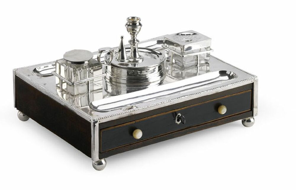 A late 18th century Sheffield plate and mahogany desk stand By Matthew Boulton