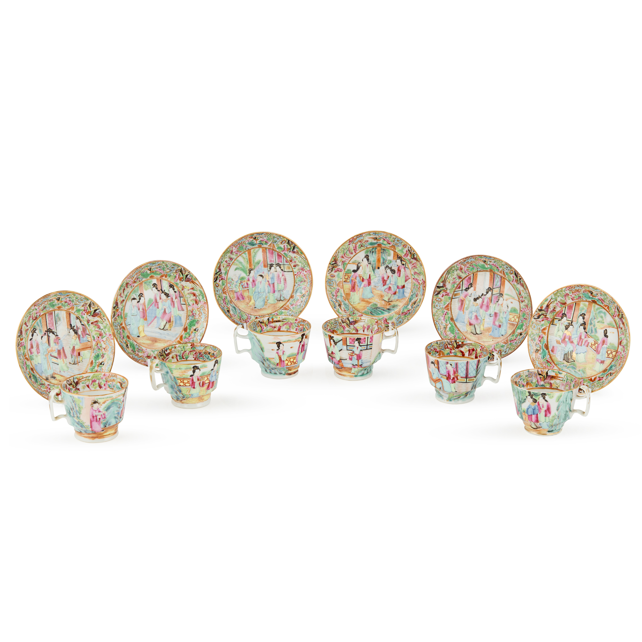 SET OF SIX CHINESE CANTON FAMILLE ROSE TEACUPS WITH SAUCERS