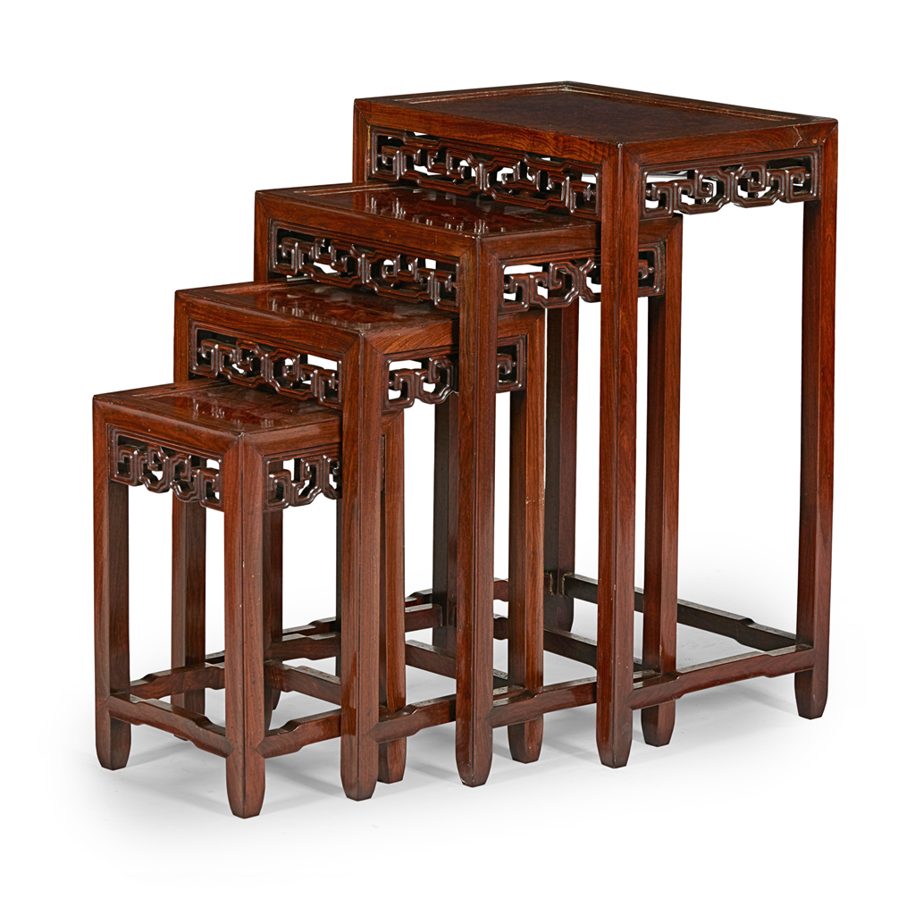 SET OF CHINESE WALNUT AND BURRWOOD QUARTETTO TABLES