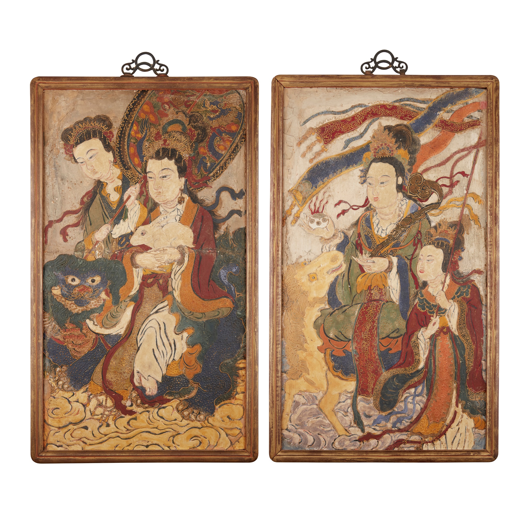 PAIR OF STUCCO FRESCO PANELS WITH FEMALE DEITIES